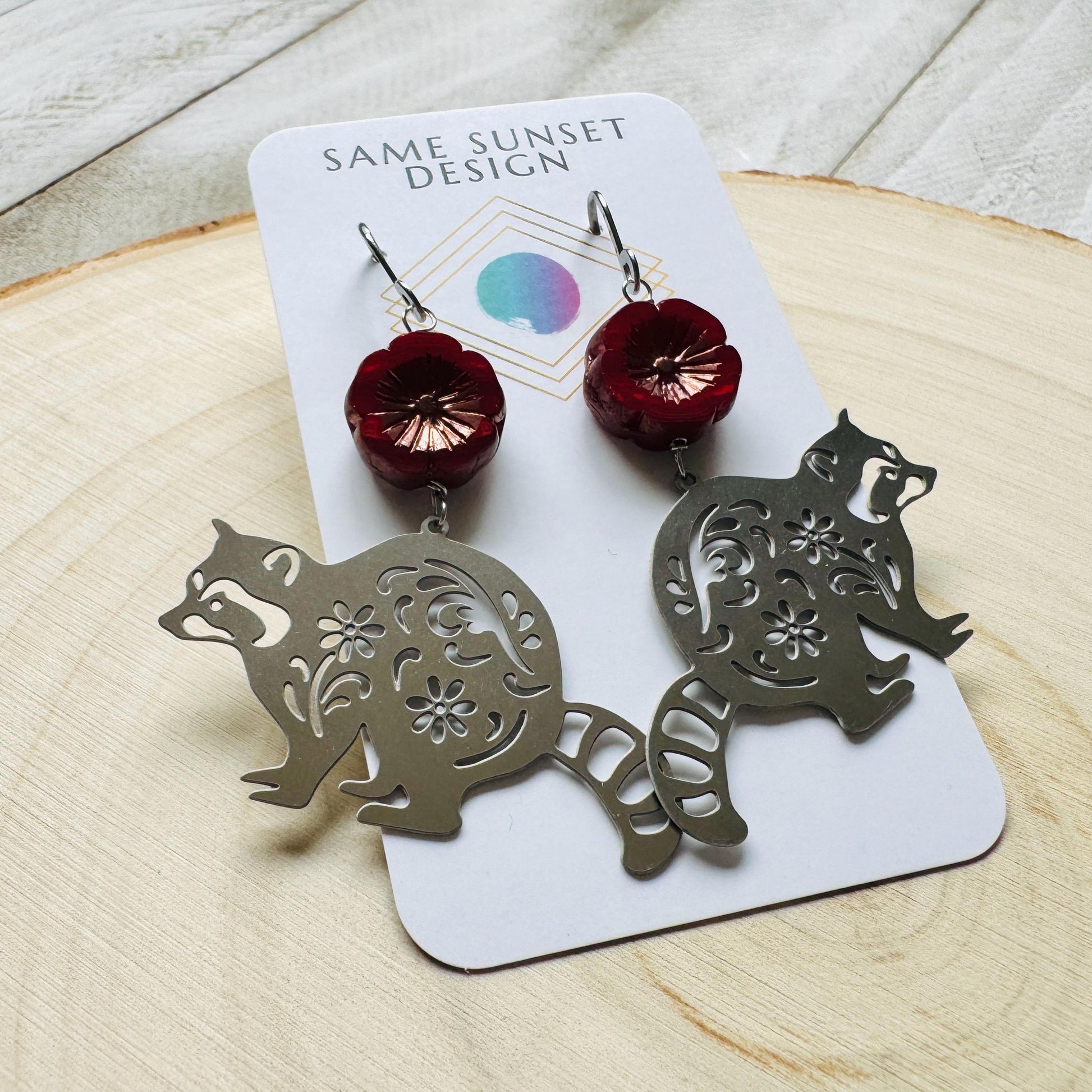 Raccoon Earrings, Animal Earrings Silver, Glass Flower Earrings, Earrings for Wedding Day, Cottagecore Jewelry, Unique Birthday Gift for Mom