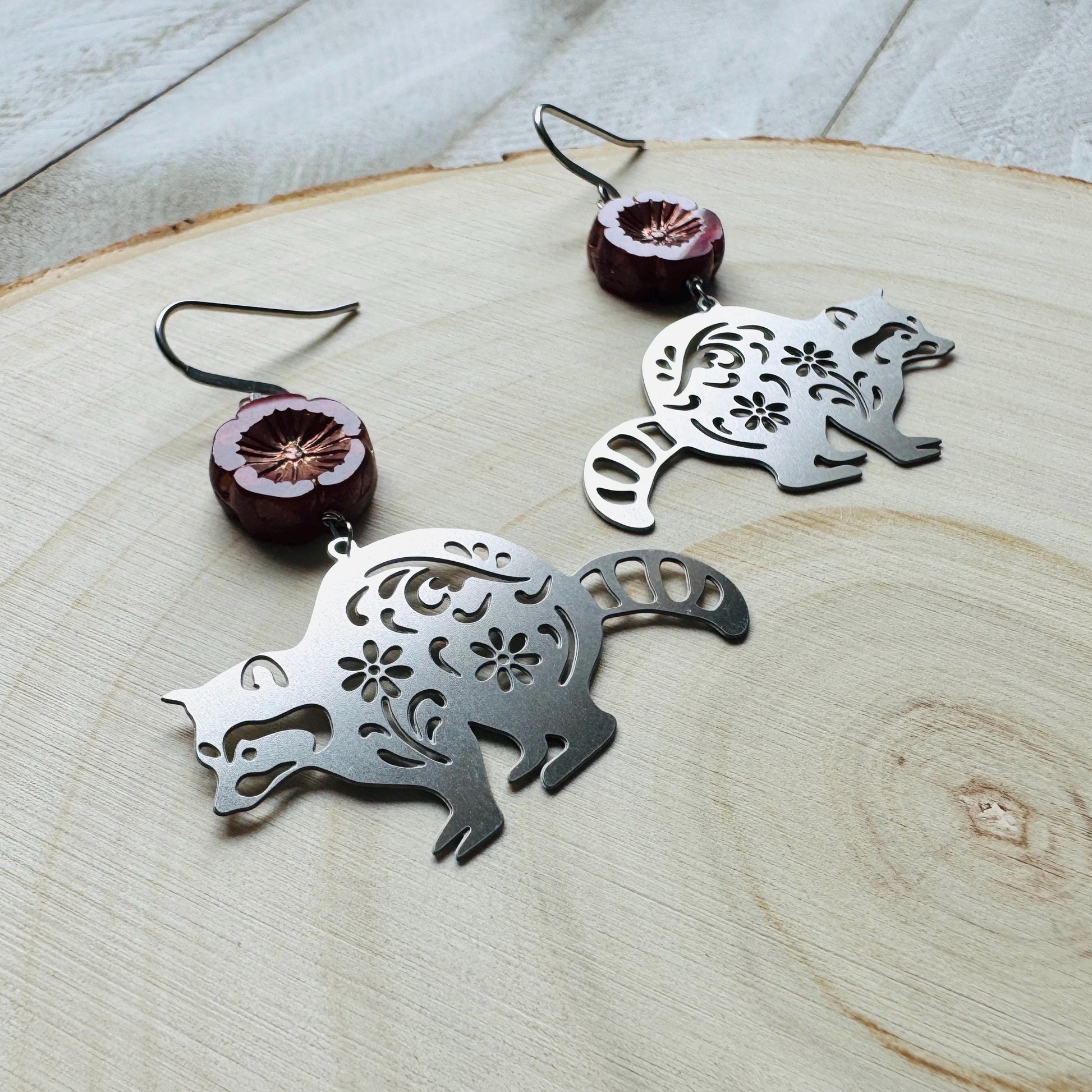 Raccoon Earrings, Animal Earrings Silver, Glass Flower Earrings, Earrings for Wedding Day, Cottagecore Jewelry, Unique Birthday Gift for Mom