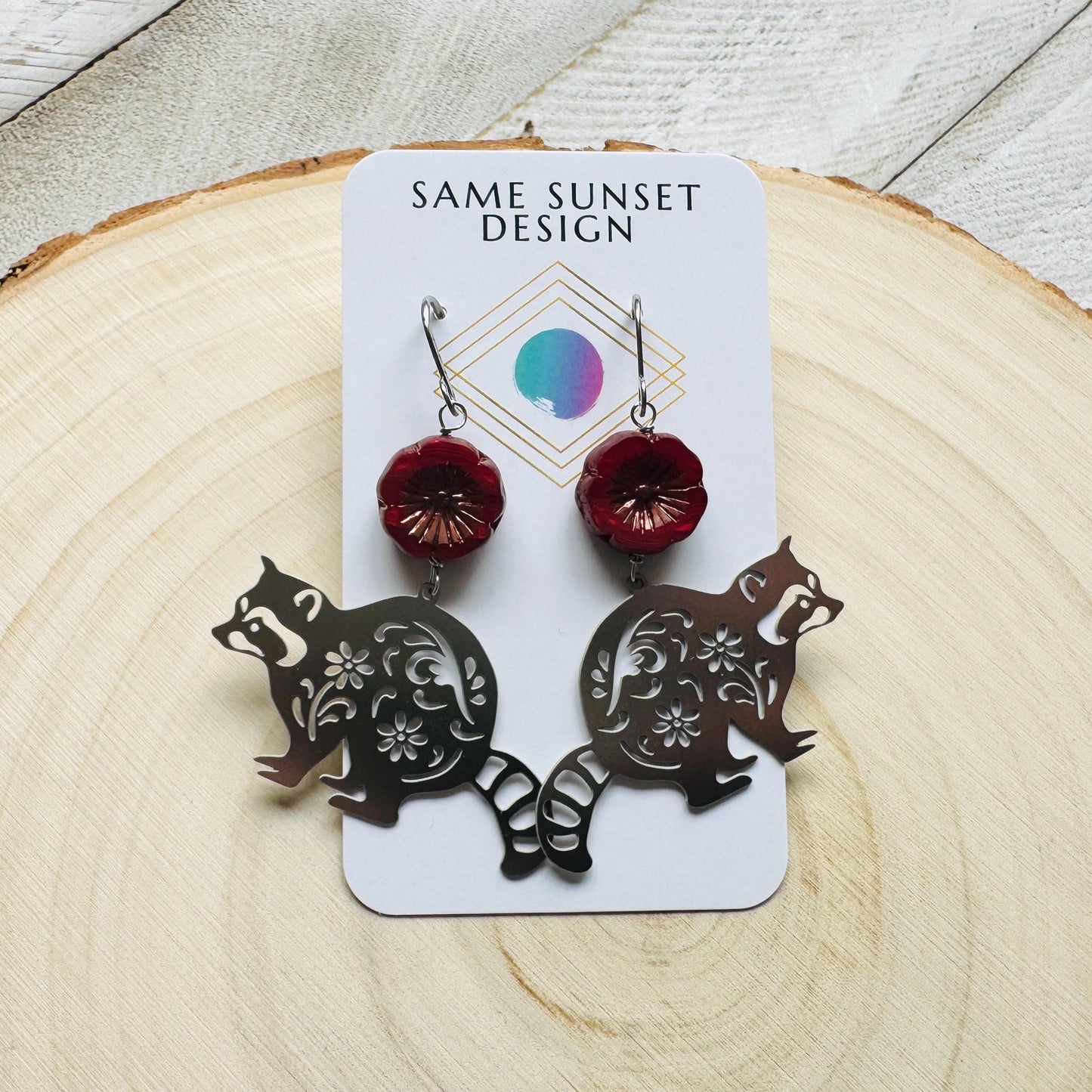 Raccoon Earrings, Animal Earrings Silver, Glass Flower Earrings, Earrings for Wedding Day, Cottagecore Jewelry, Unique Birthday Gift for Mom