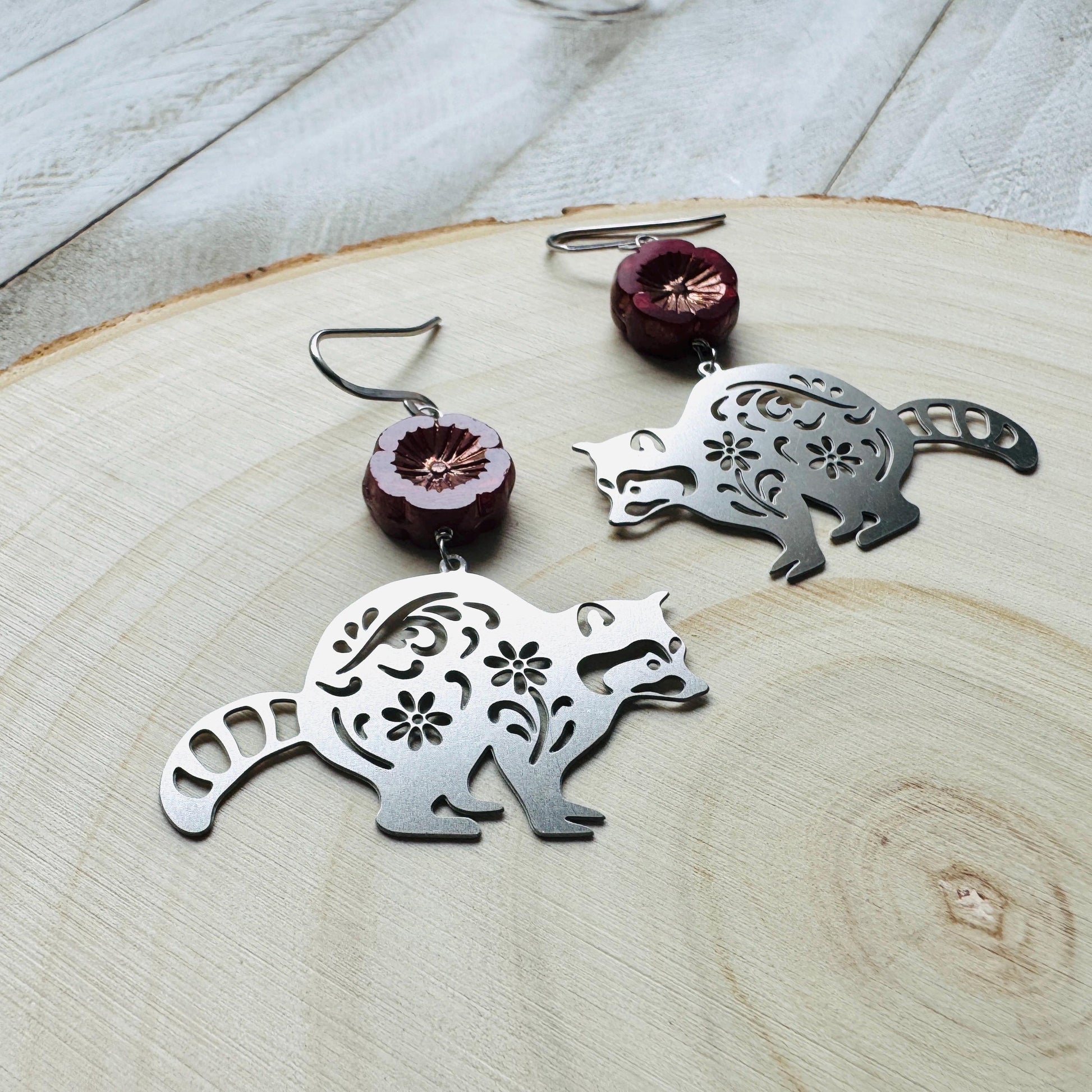 Raccoon Earrings, Animal Earrings Silver, Glass Flower Earrings, Earrings for Wedding Day, Cottagecore Jewelry, Unique Birthday Gift for Mom