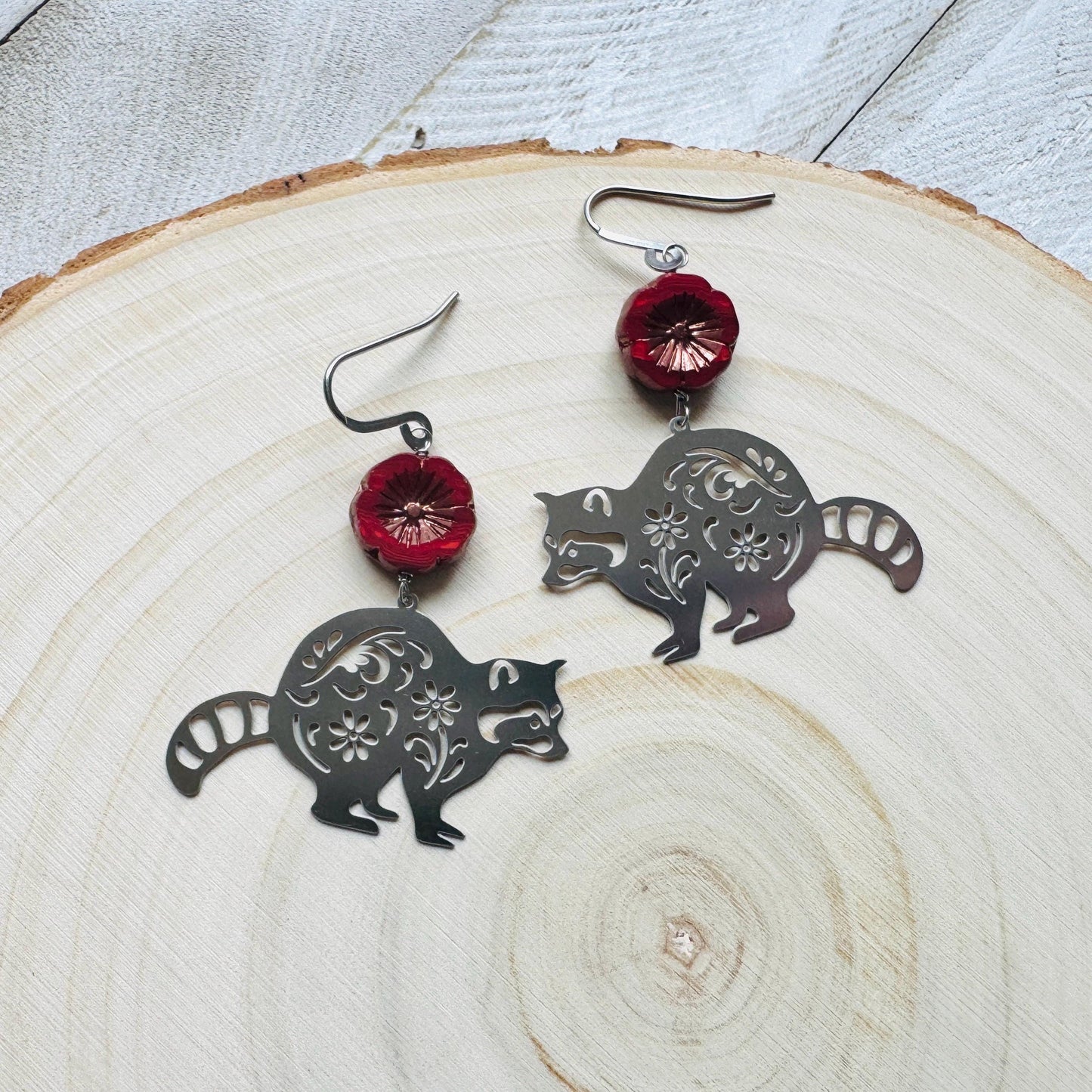 Raccoon Earrings, Animal Earrings Silver, Glass Flower Earrings, Earrings for Wedding Day, Cottagecore Jewelry, Unique Birthday Gift for Mom