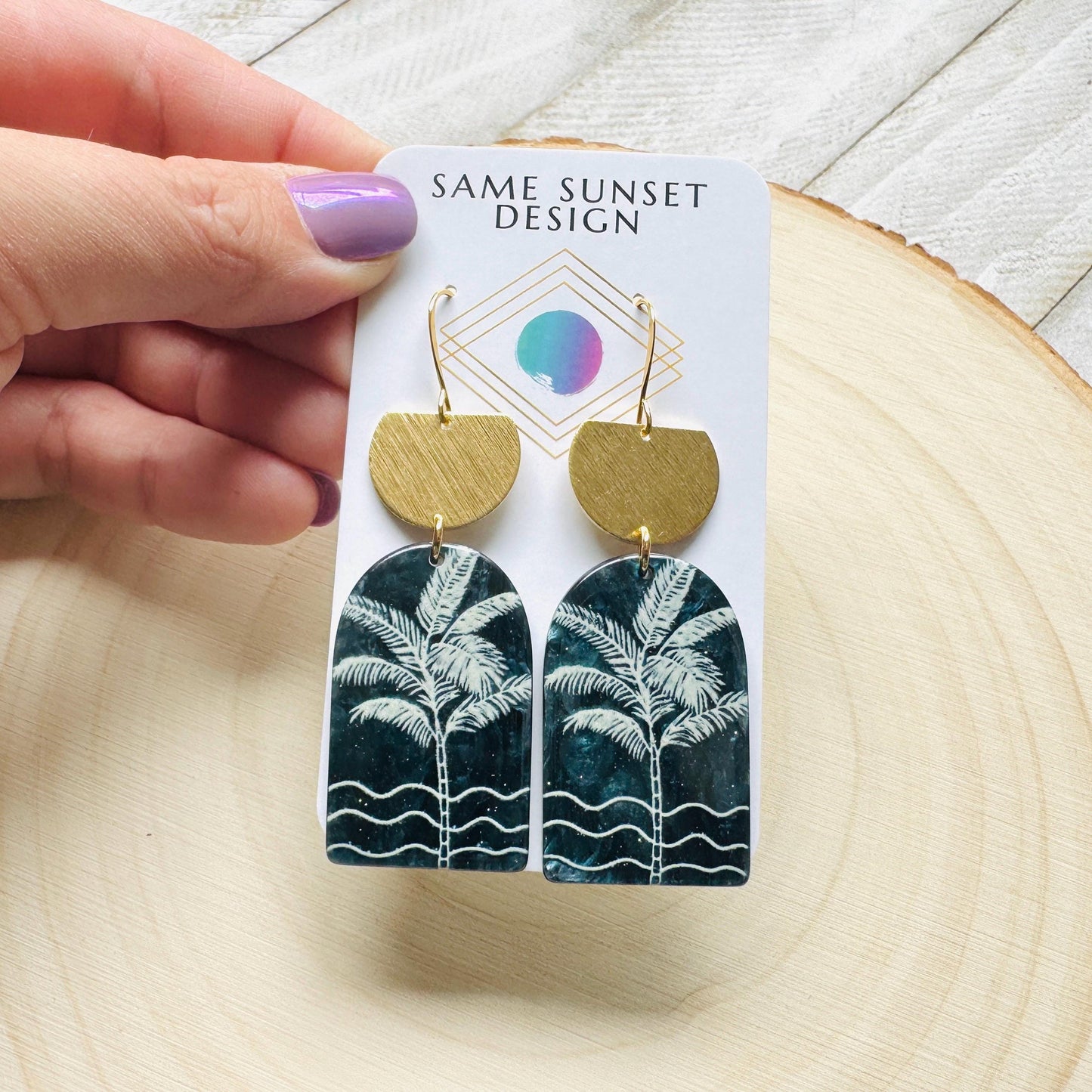 Palm Tree Earrings, Tropical Plant Earrings, Vacation Jewelry, Brass Dangle Earrings, Anniversary Gift for Girlfriend, Bridesmaid Jewelry