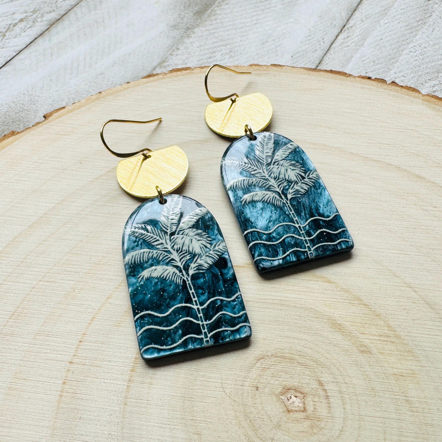 Palm Tree Earrings, Tropical Plant Earrings, Vacation Jewelry, Brass Dangle Earrings, Anniversary Gift for Girlfriend, Bridesmaid Jewelry