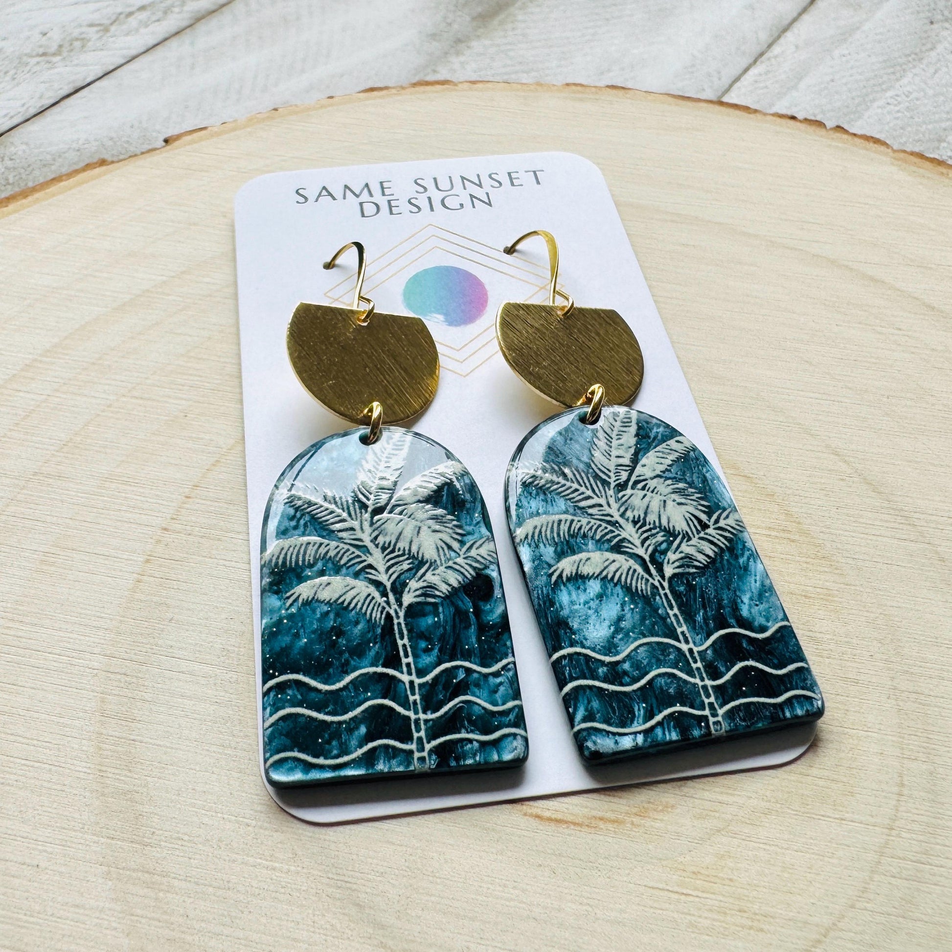 Palm Tree Earrings, Tropical Plant Earrings, Vacation Jewelry, Brass Dangle Earrings, Anniversary Gift for Girlfriend, Bridesmaid Jewelry