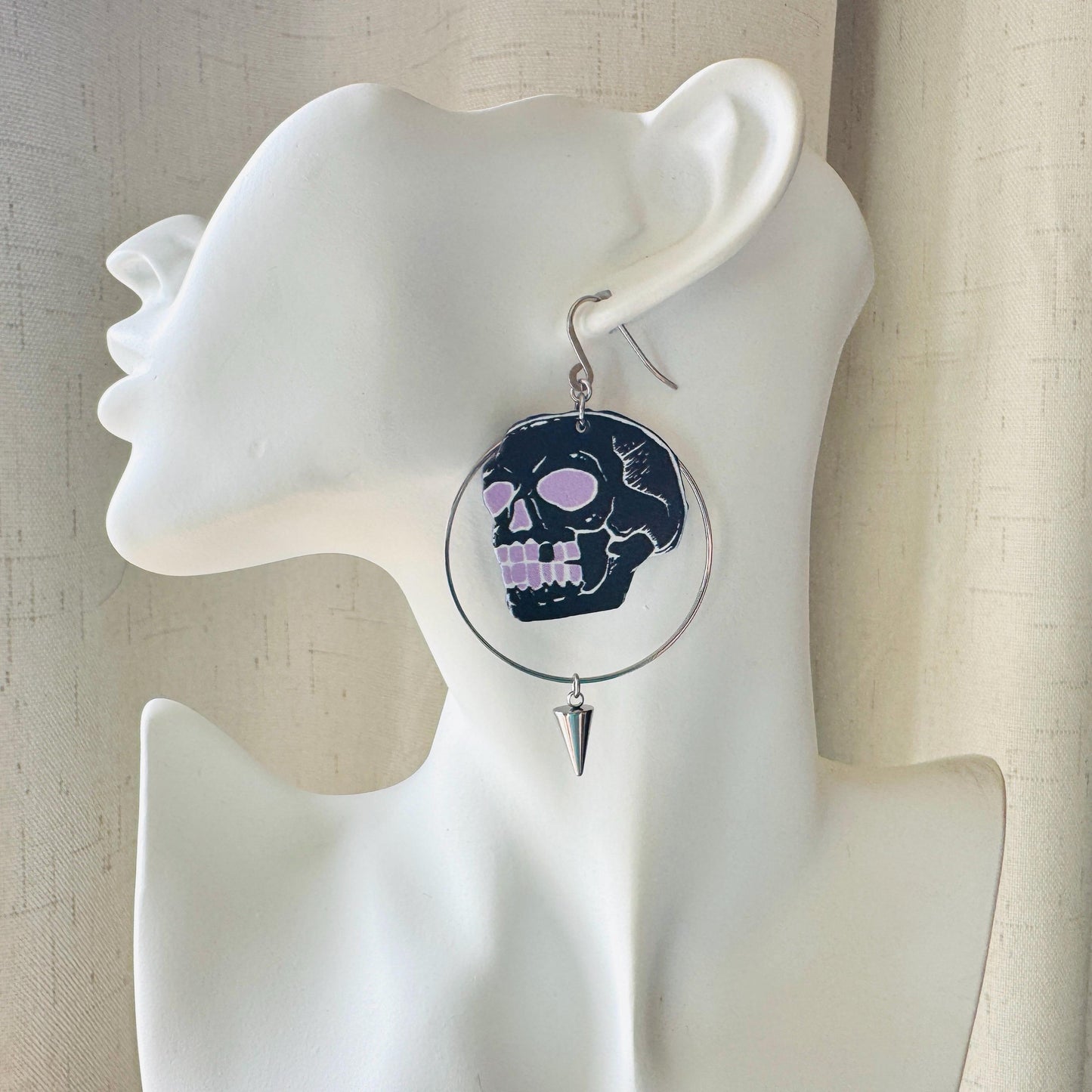 Skull Earrings, Spike Earrings, Punk Jewelry, Industrial Earrings, Pastel Goth, Gothic Earrings for Women, Birthday Gift for Mom, Purple
