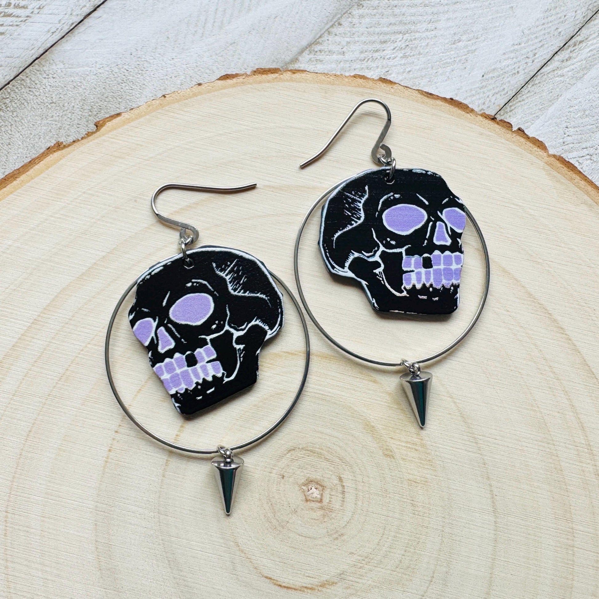 Skull Earrings, Spike Earrings, Punk Jewelry, Industrial Earrings, Pastel Goth, Gothic Earrings for Women, Birthday Gift for Mom, Purple