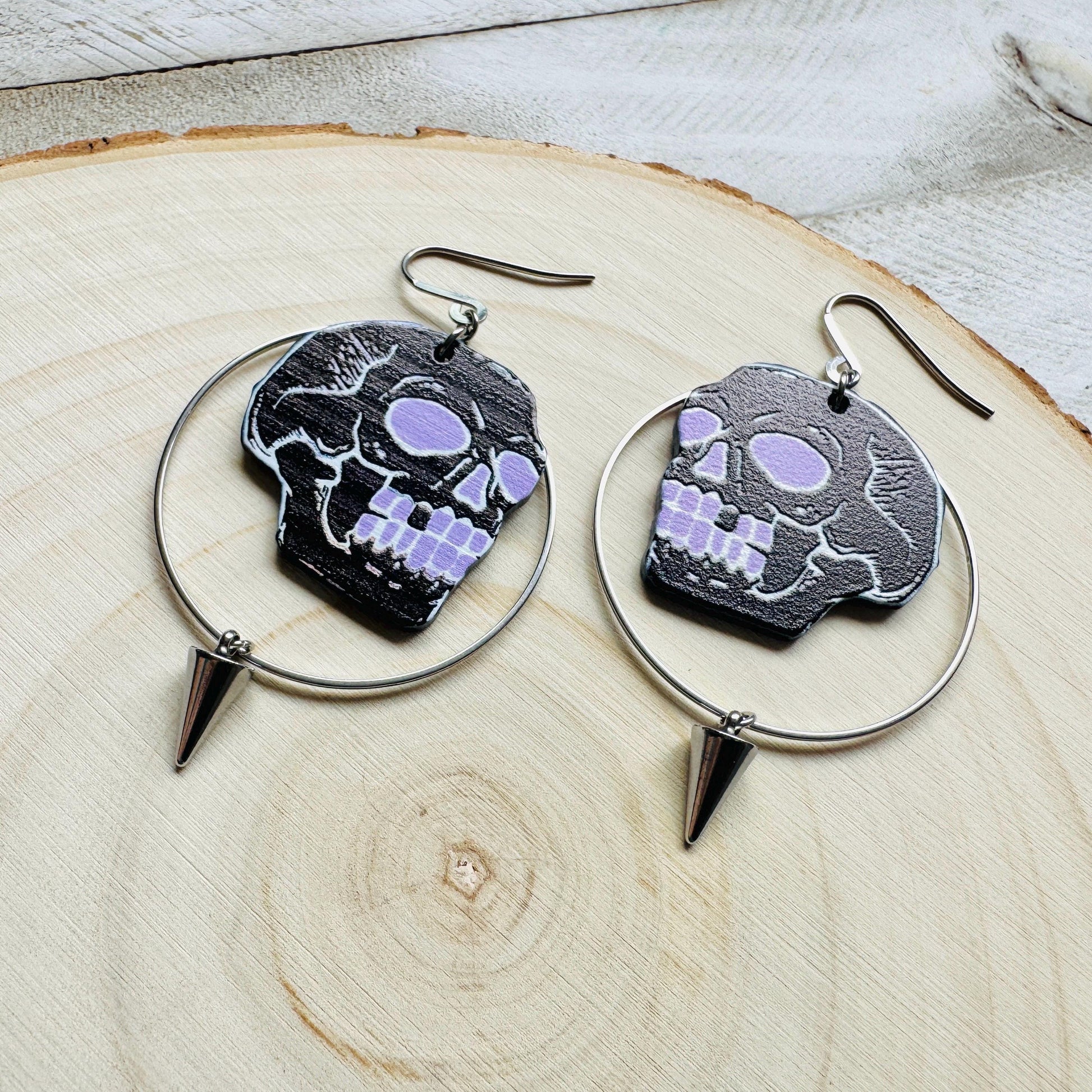Skull Earrings, Spike Earrings, Punk Jewelry, Industrial Earrings, Pastel Goth, Gothic Earrings for Women, Birthday Gift for Mom, Purple