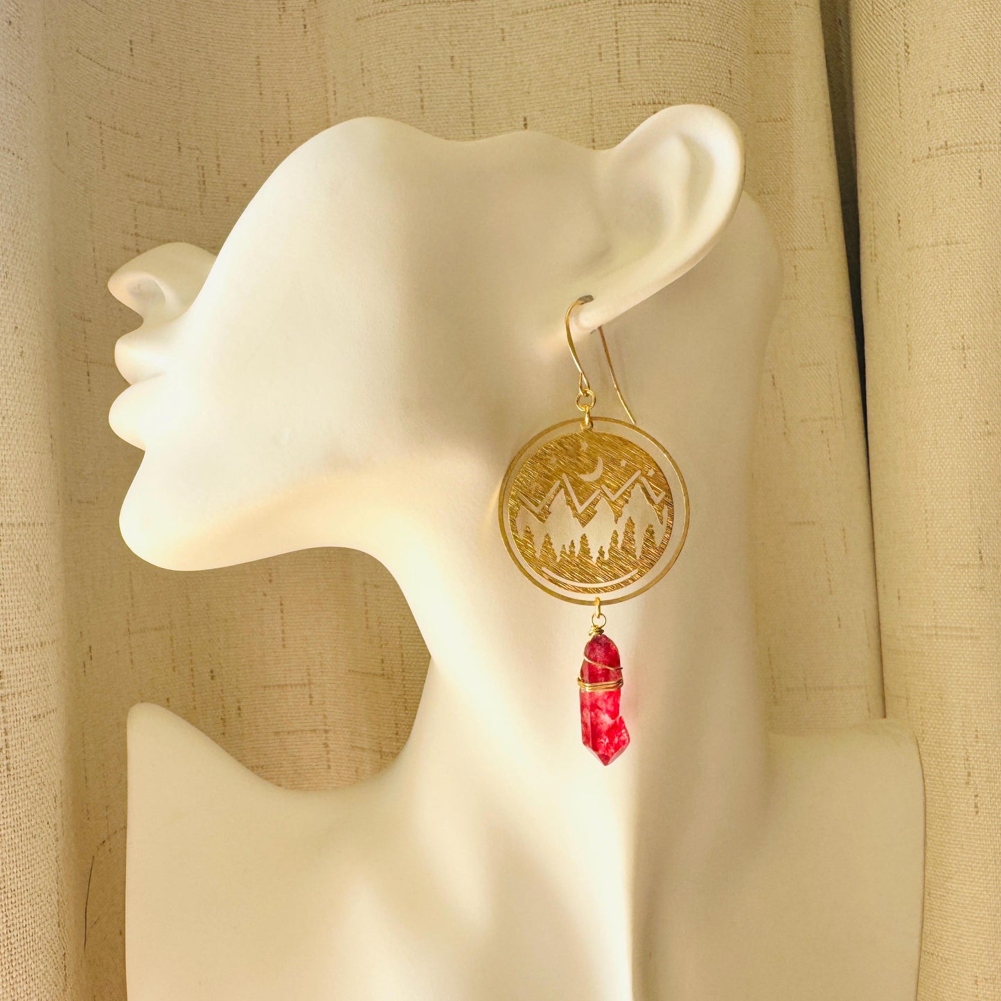 Mountain Earrings, Red Quartz Drop Earrings, Quartz Earrings, Celestial Earrings Gold, Corporate Goth, Unique Gifts for Women Birthday