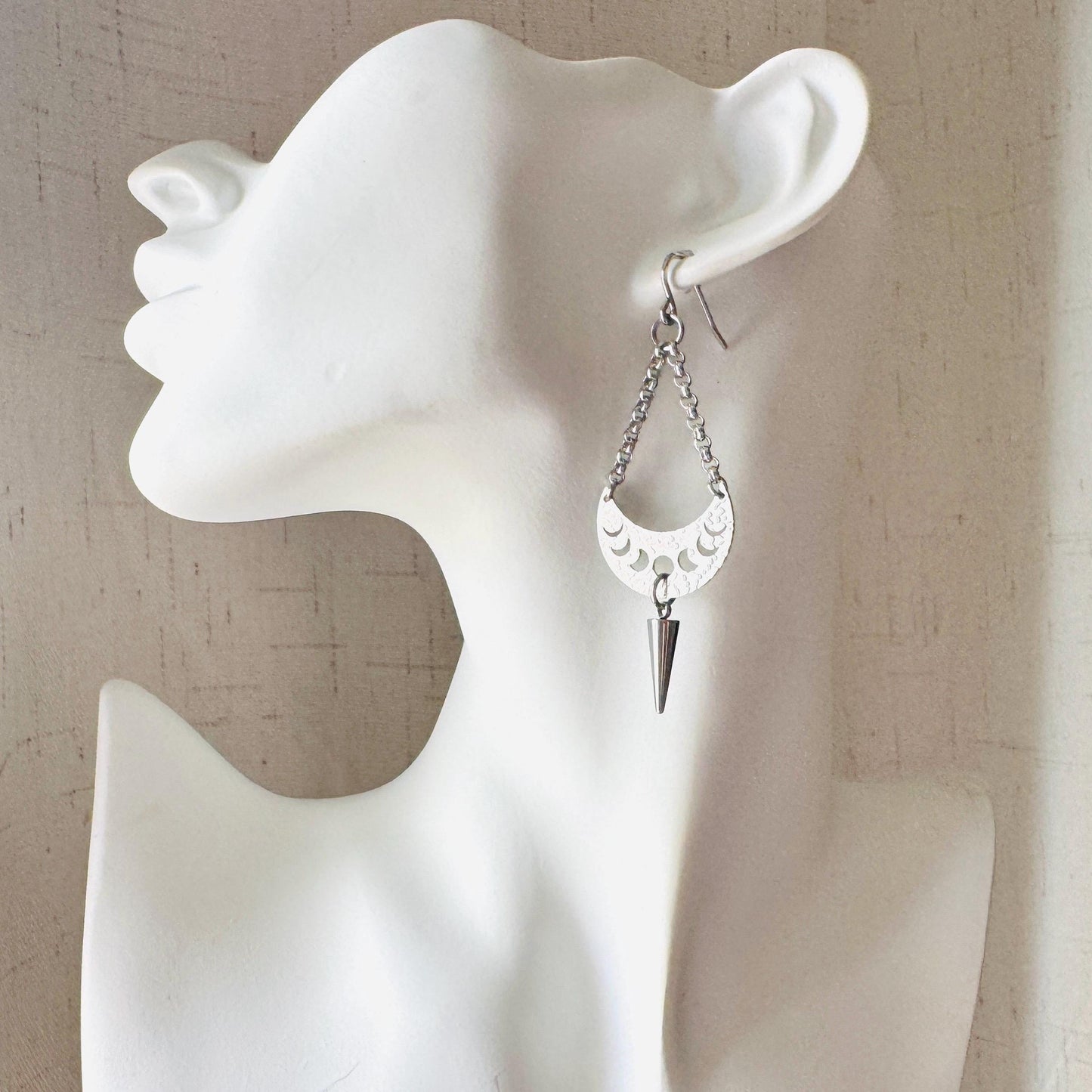 Spike Earrings, Moon Phase Earrings, Silver Earrings, Punk Jewelry, Gothic Earrings Men, Unique Birthday Gift for Mom, Teacher Gift