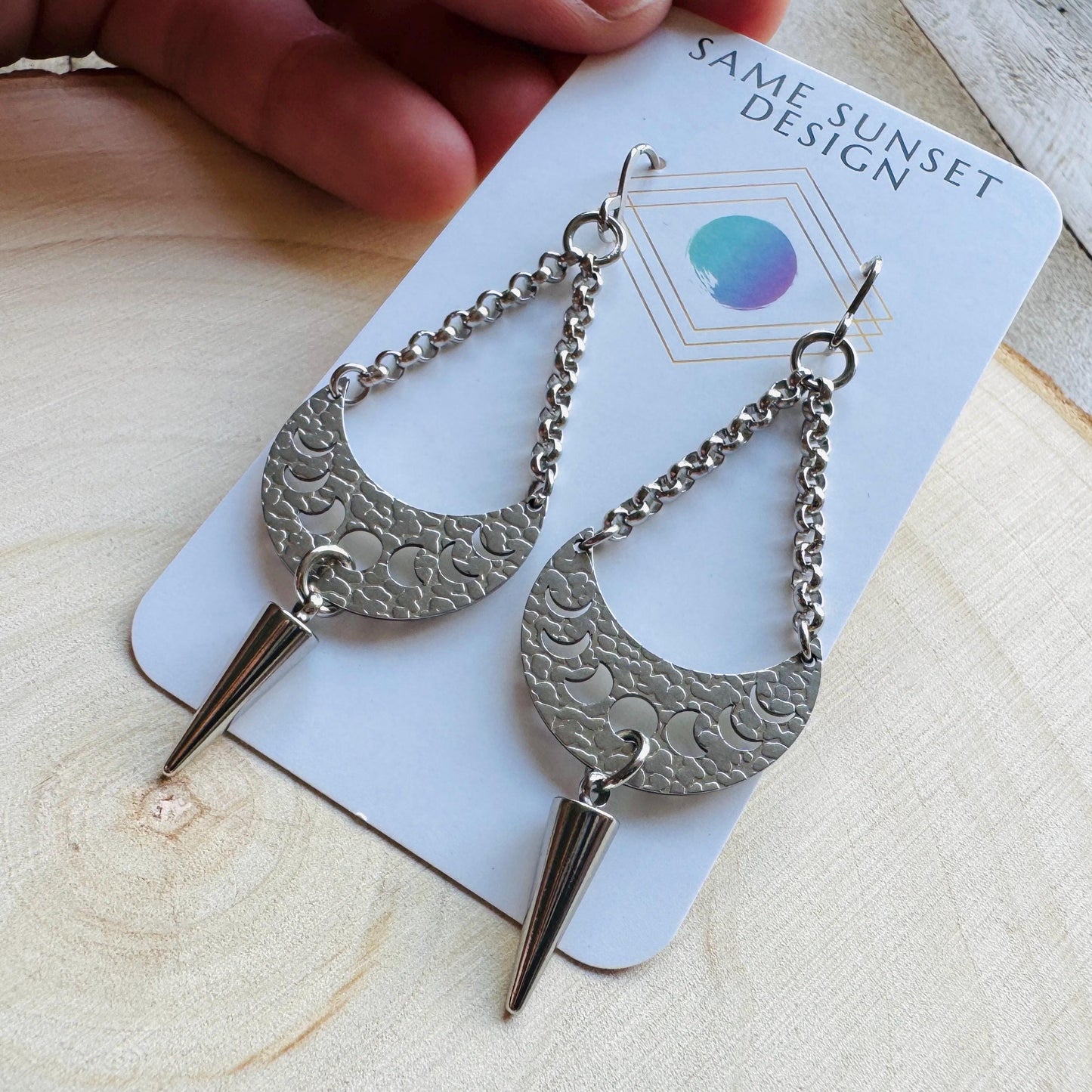 Spike Earrings, Moon Phase Earrings, Silver Earrings, Punk Jewelry, Gothic Earrings Men, Unique Birthday Gift for Mom, Teacher Gift