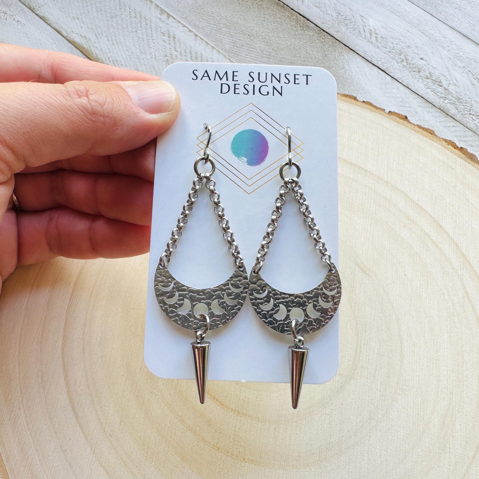Spike Earrings, Moon Phase Earrings, Silver Earrings, Punk Jewelry, Gothic Earrings Men, Unique Birthday Gift for Mom, Teacher Gift