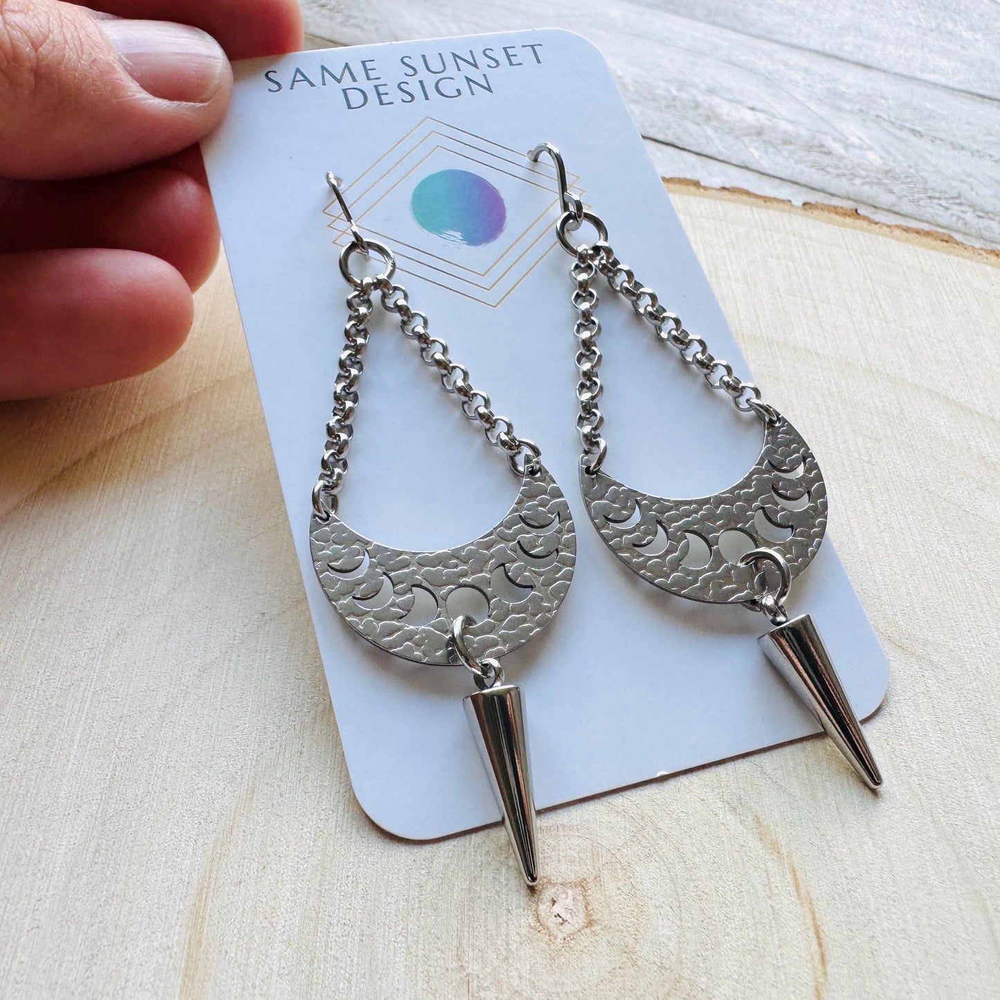 Spike Earrings, Moon Phase Earrings, Silver Earrings, Punk Jewelry, Gothic Earrings Men, Unique Birthday Gift for Mom, Teacher Gift
