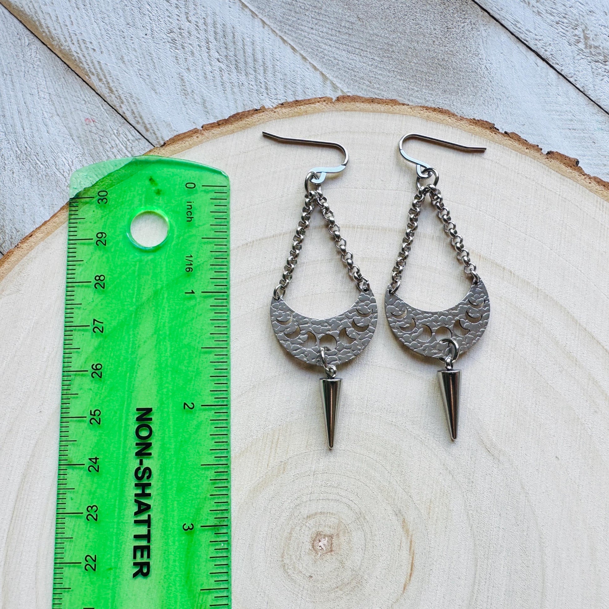 Spike Earrings, Moon Phase Earrings, Silver Earrings, Punk Jewelry, Gothic Earrings Men, Unique Birthday Gift for Mom, Teacher Gift