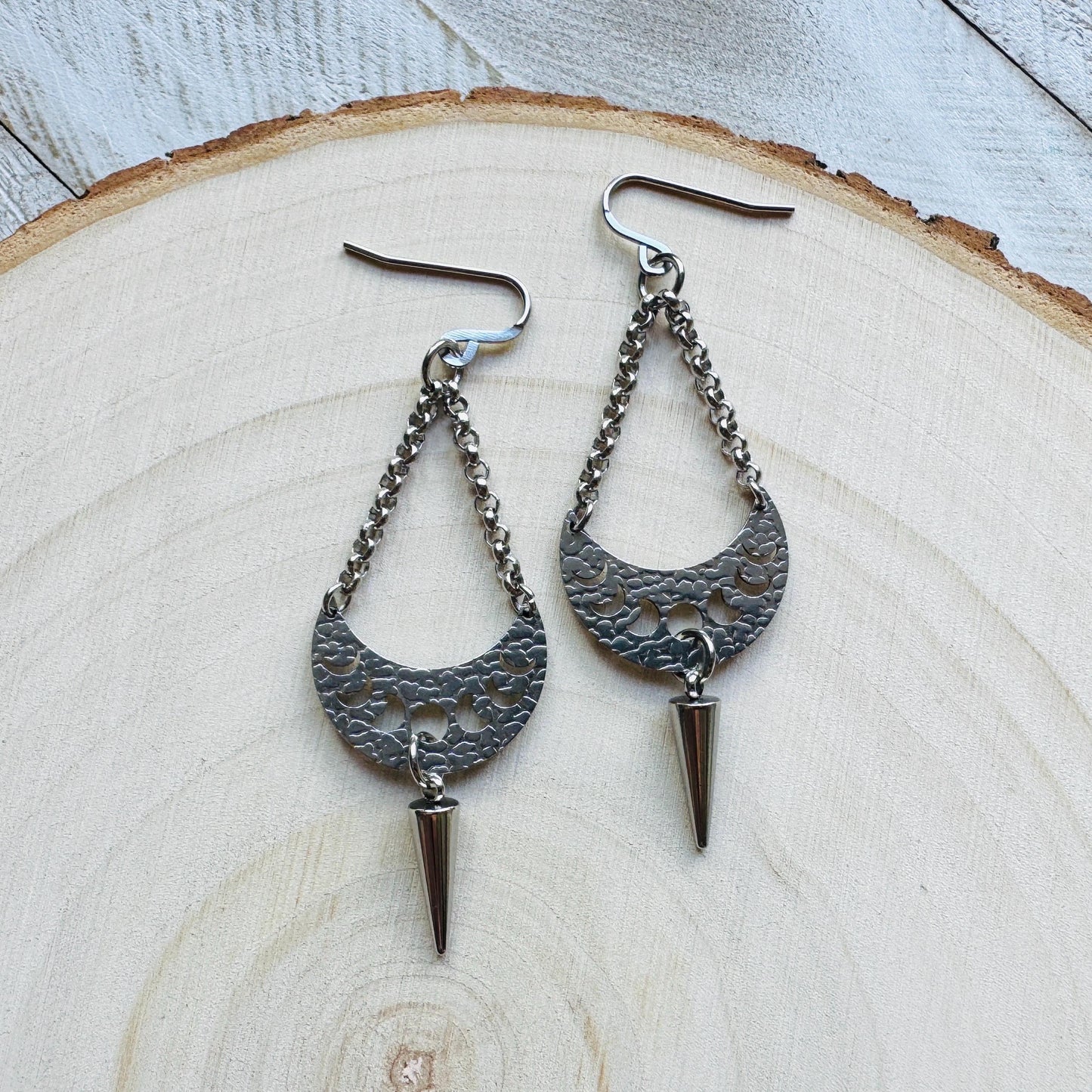 Spike Earrings, Moon Phase Earrings, Silver Earrings, Punk Jewelry, Gothic Earrings Men, Unique Birthday Gift for Mom, Teacher Gift