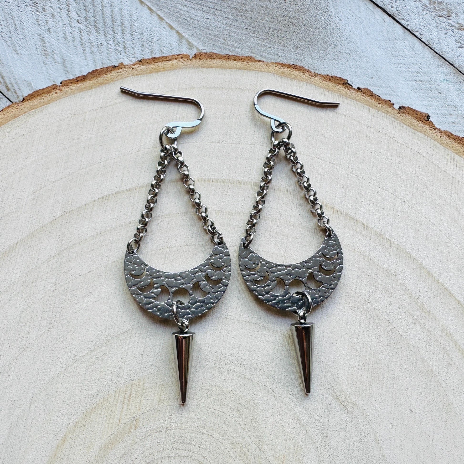 Spike Earrings, Moon Phase Earrings, Silver Earrings, Punk Jewelry, Gothic Earrings Men, Unique Birthday Gift for Mom, Teacher Gift