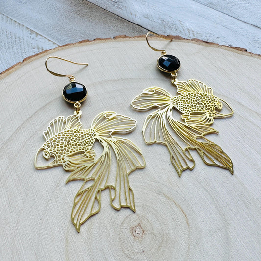Fish Earrings, Onyx Earrings Dangle, Witchy Earrings, Boho Earrings Handmade, Sweet 16 Gift Granddaughter, Vacation Jewelry, Nerdy Gifts