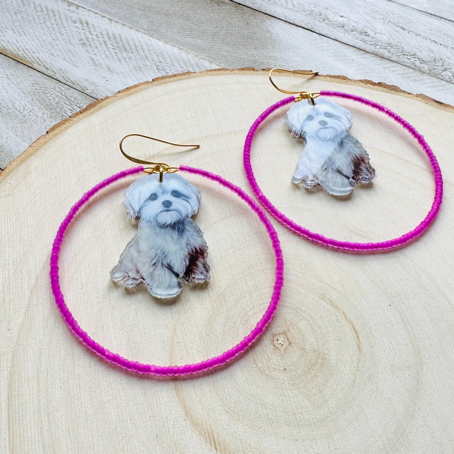 Dog Earrings Dangle, Seed Bead Hoop Earrings, Pink Earrings, Kawaii, Fun Earrings, Tween Jewelry, Birthday Gift for Mom, Teacher Gift