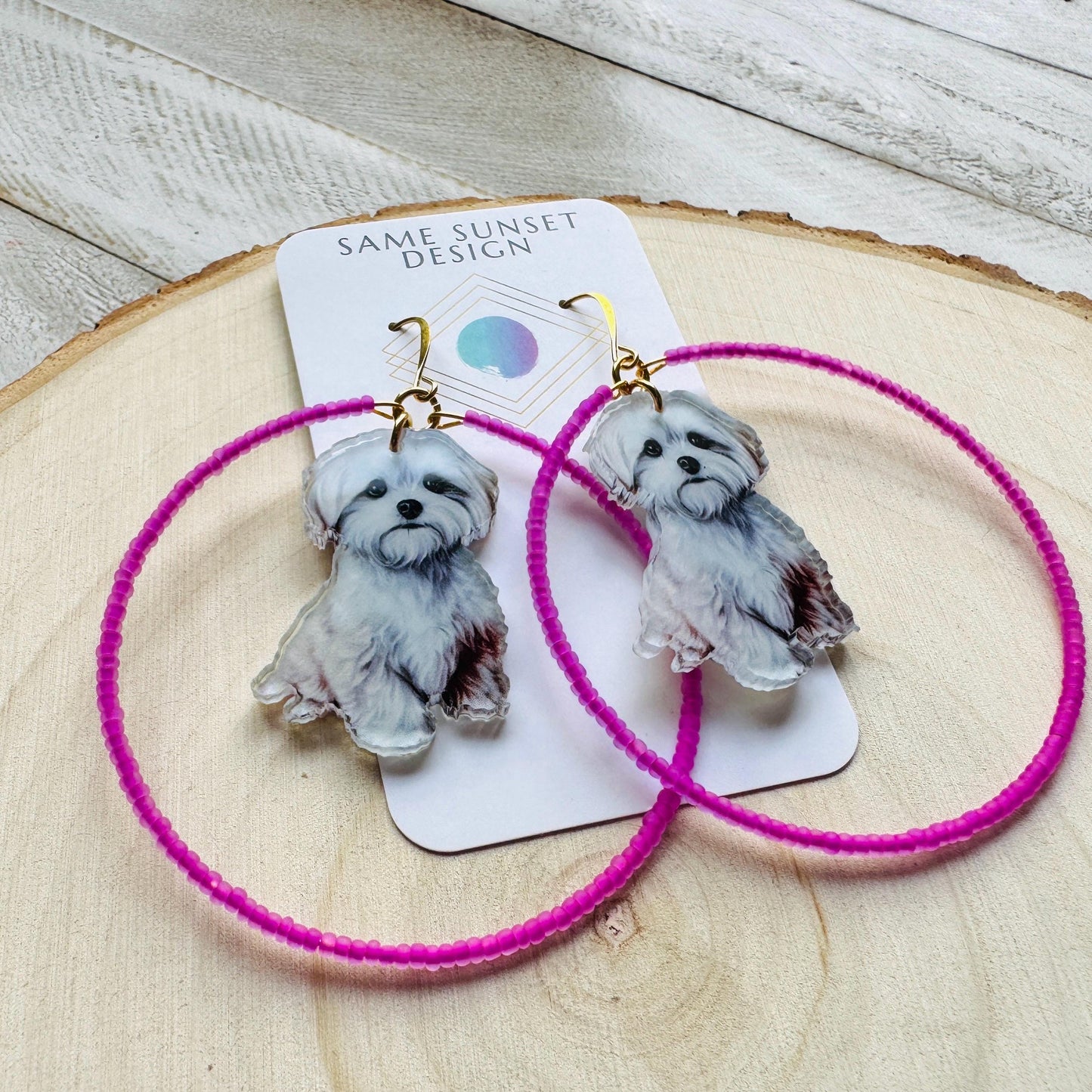 Dog Earrings Dangle, Seed Bead Hoop Earrings, Pink Earrings, Kawaii, Fun Earrings, Tween Jewelry, Birthday Gift for Mom, Teacher Gift