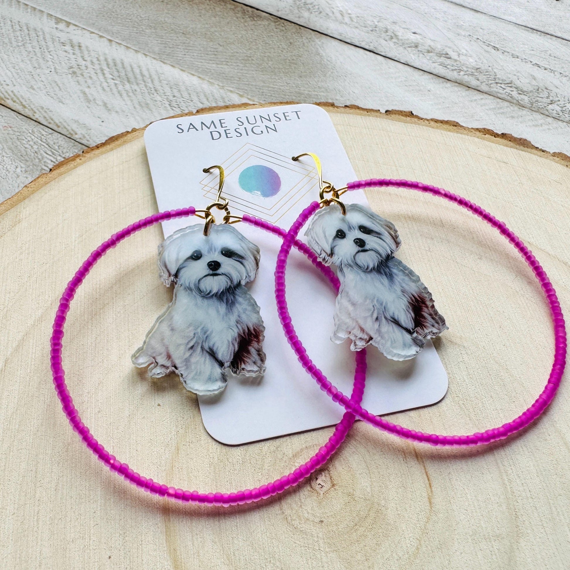 Dog Earrings Dangle, Seed Bead Hoop Earrings, Pink Earrings, Kawaii, Fun Earrings, Tween Jewelry, Birthday Gift for Mom, Teacher Gift