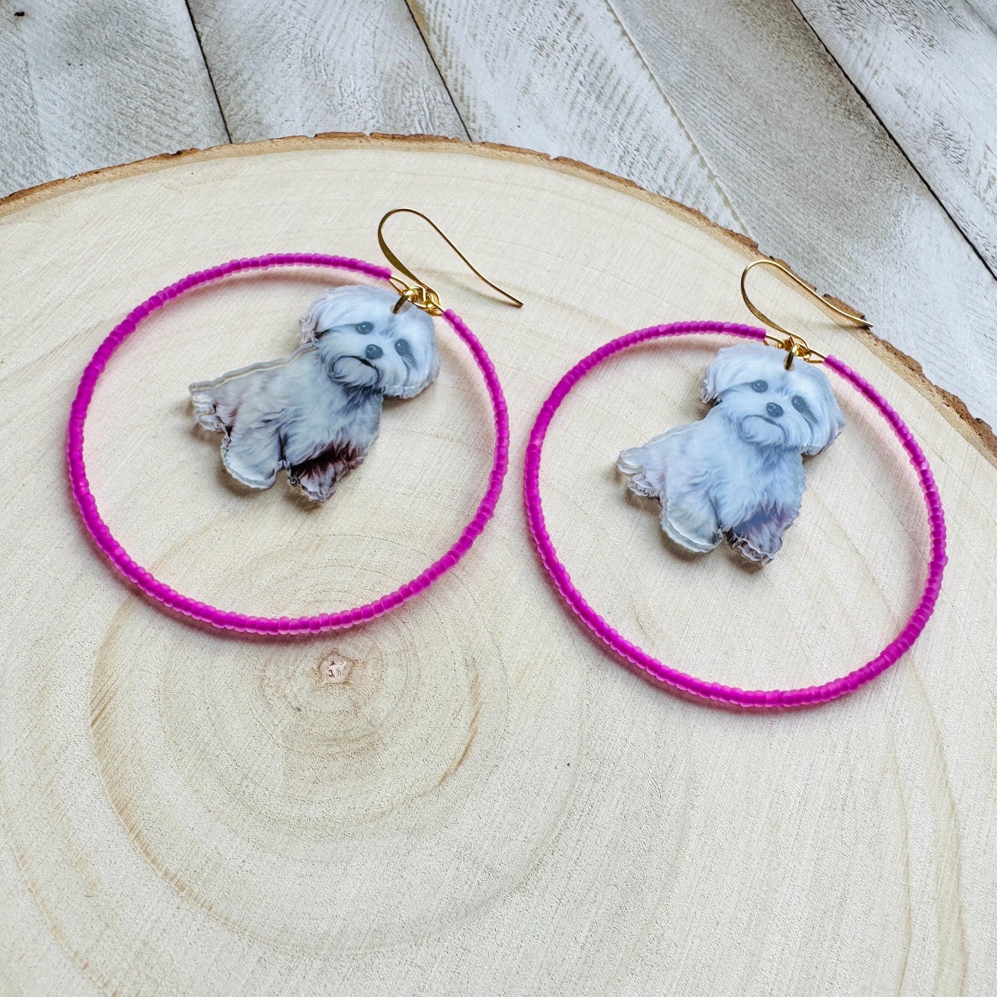 Dog Earrings Dangle, Seed Bead Hoop Earrings, Pink Earrings, Kawaii, Fun Earrings, Tween Jewelry, Birthday Gift for Mom, Teacher Gift