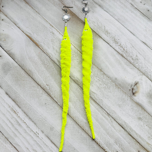 Fuzzy Worm Earrings, Green Worms, Festival Jewelry, Fun Earrings, Sweet 16 Gift Granddaughter, Whimsical Gifts, Friend Gifts for Birthday