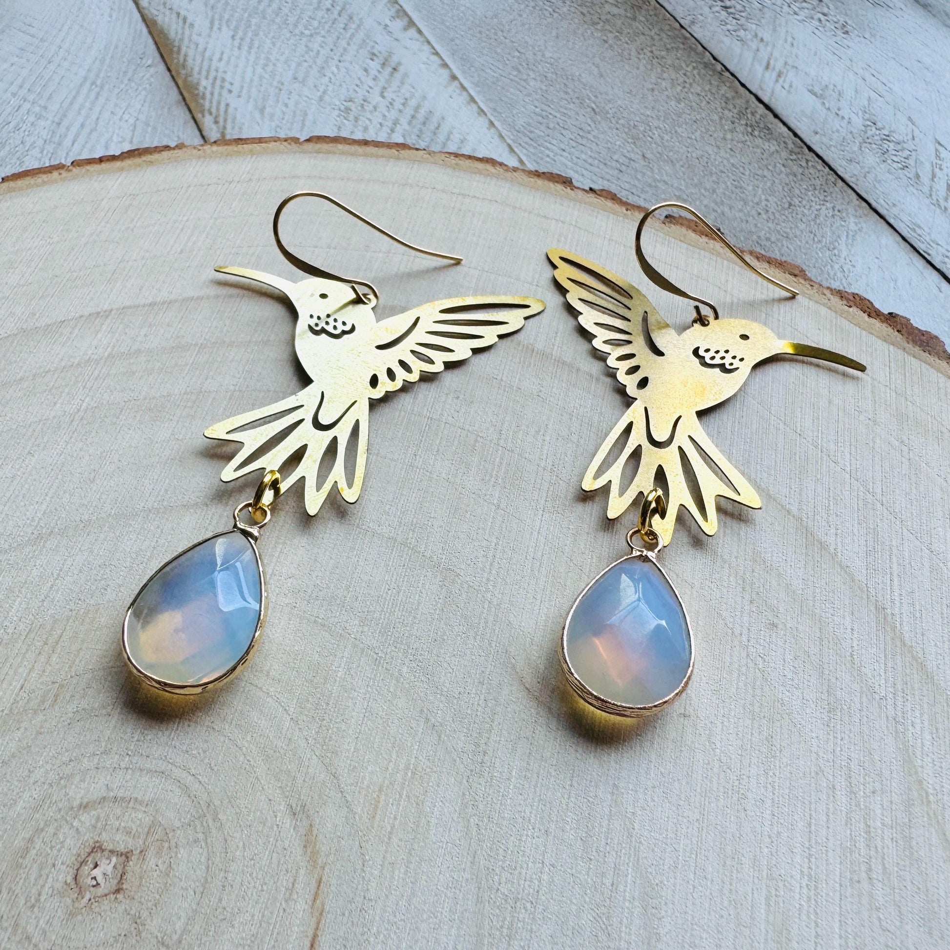 Hummingbird Earrings, Opalite Earrings, Bird Earrings, Modern Chic Jewelry, Unique Gifts for Birthday, Science Teacher Gift, Bridal Jewelry
