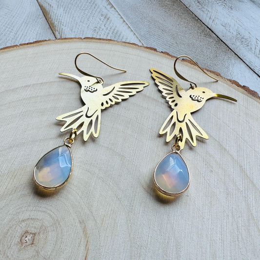 Hummingbird Earrings, Opalite Earrings, Bird Earrings, Modern Chic Jewelry, Unique Gifts for Birthday, Science Teacher Gift, Bridal Jewelry