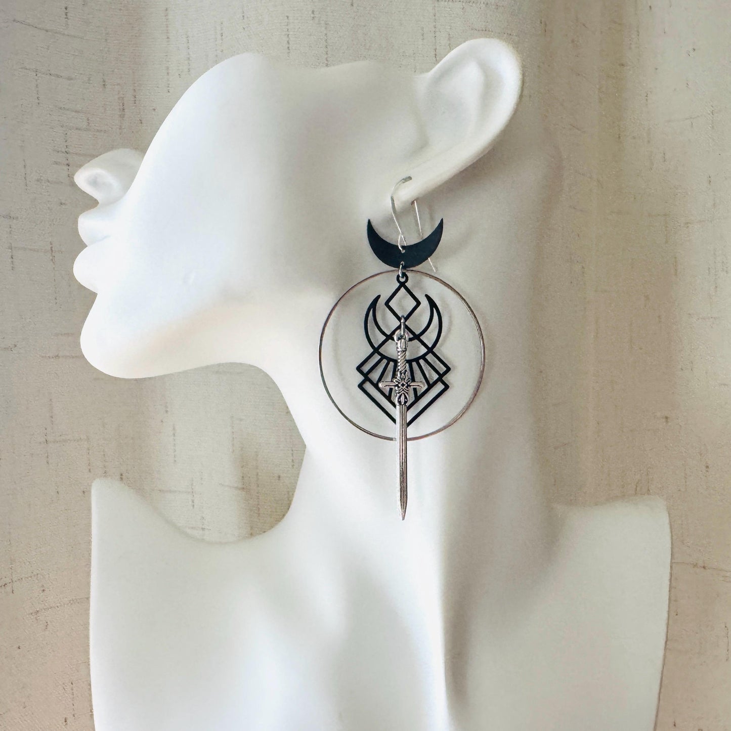 Sword Earrings, Crescent Moon Earrings Silver, Halloween Spooky Earrings, Witchy Gifts for Women Aesthetic, Birthday Present For Her