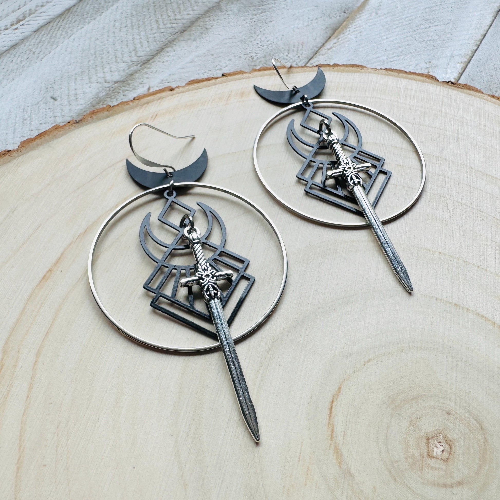 Sword Earrings, Crescent Moon Earrings Silver, Halloween Spooky Earrings, Witchy Gifts for Women Aesthetic, Birthday Present For Her