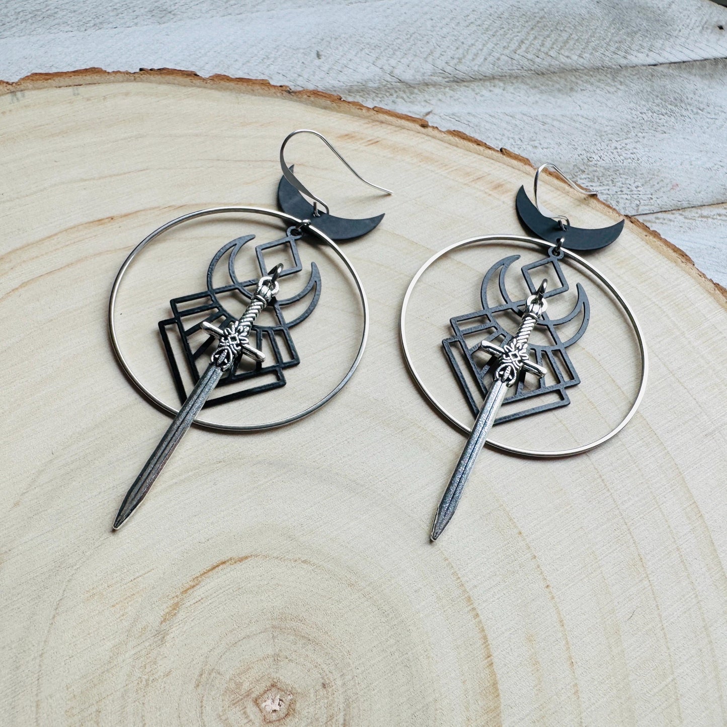 Sword Earrings, Crescent Moon Earrings Silver, Halloween Spooky Earrings, Witchy Gifts for Women Aesthetic, Birthday Present For Her