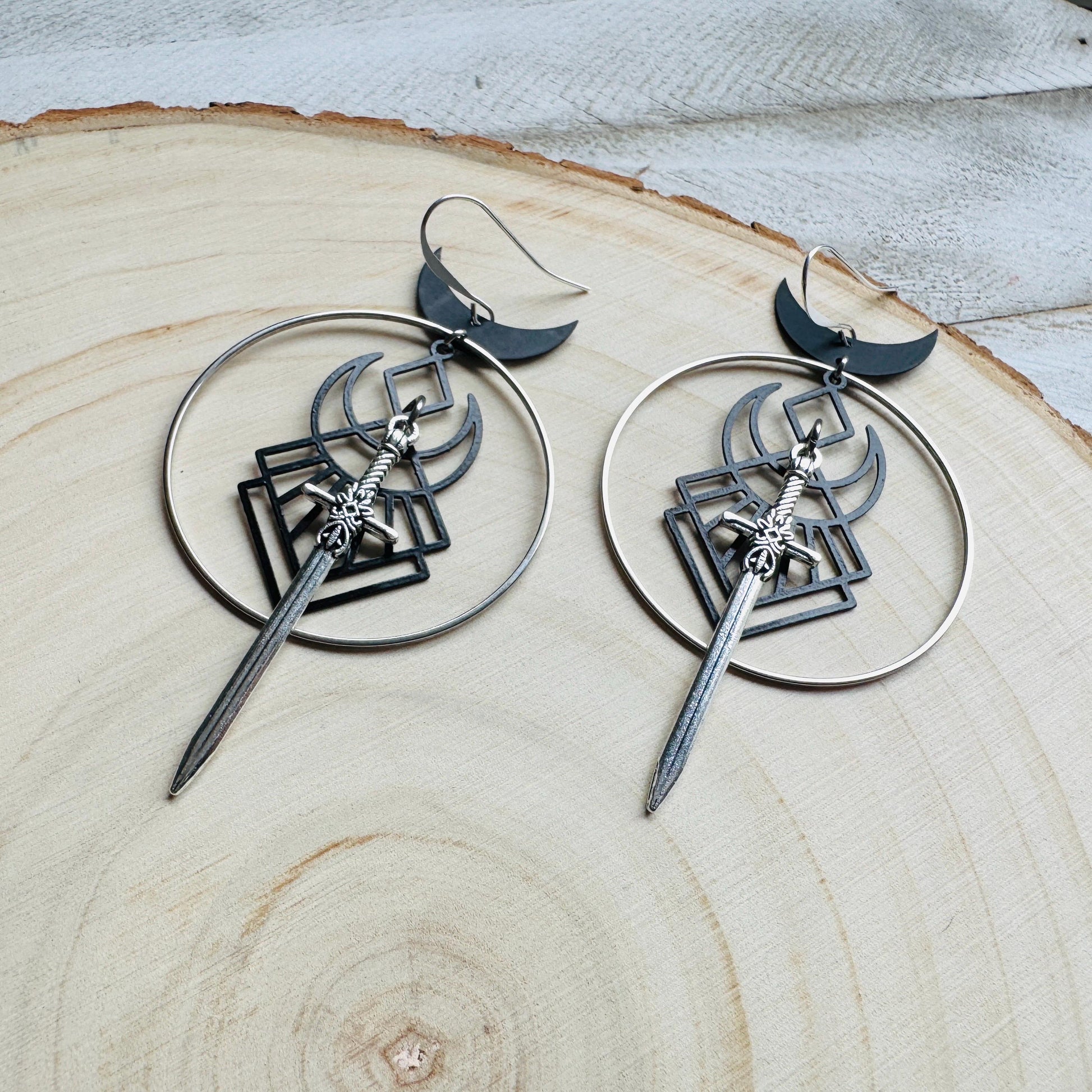 Sword Earrings, Crescent Moon Earrings Silver, Halloween Spooky Earrings, Witchy Gifts for Women Aesthetic, Birthday Present For Her