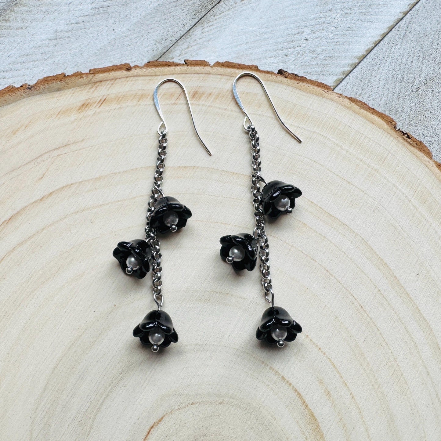 Flower Earrings, Pearl Earrings Dangle, Cottagecore Jewelry, Fairycore Jewelry, Gothic Earrings for Women, Corporate Goth, Plant Mom Gift