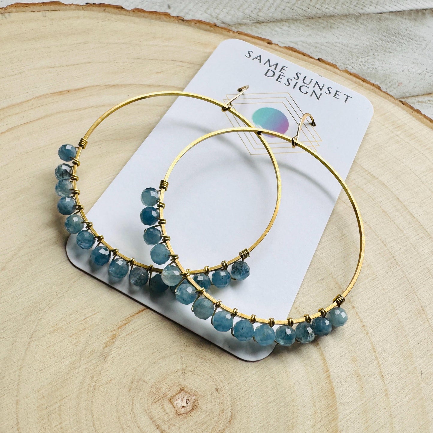 Aquamarine Hoop Earrings, Blue Earrings, Bridesmaid Jewelry, Birthday Gift for Daughter, Wire Wrapped Hoops, Unique Gifts for Birthday