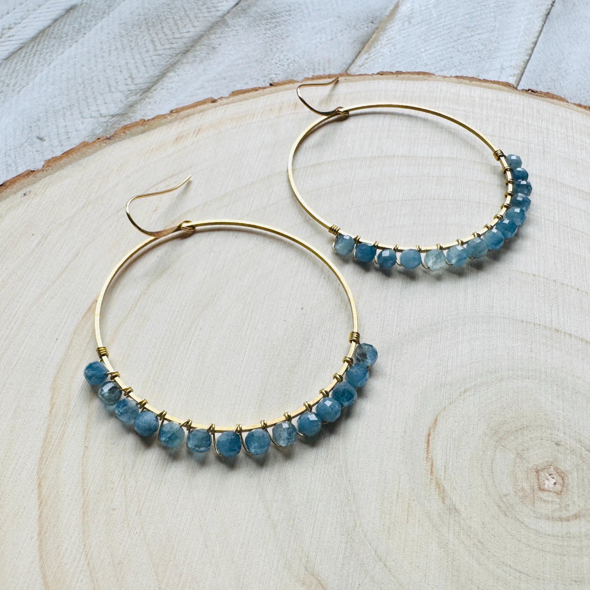 Aquamarine Hoop Earrings, Blue Earrings, Bridesmaid Jewelry, Birthday Gift for Daughter, Wire Wrapped Hoops, Unique Gifts for Birthday