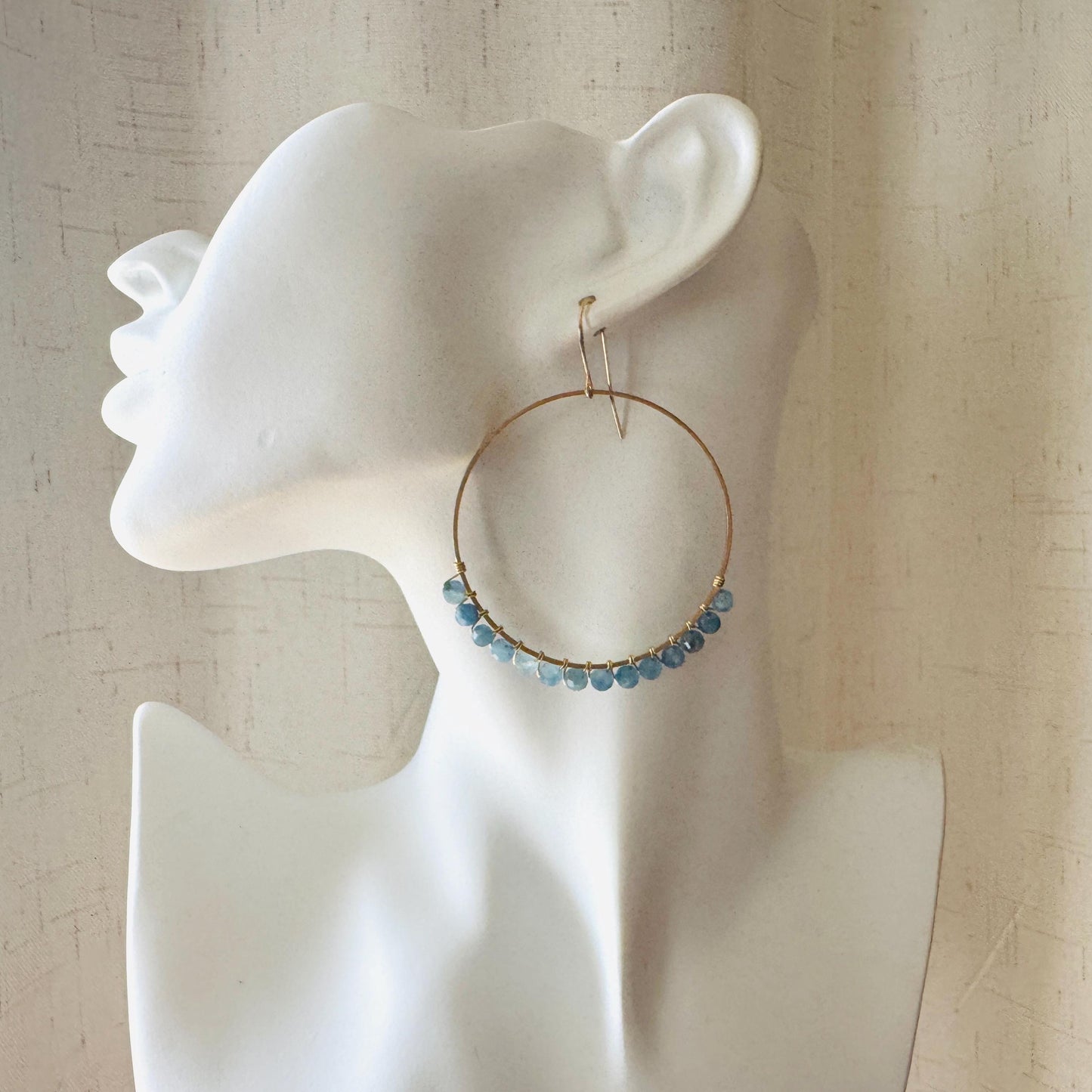 Aquamarine Hoop Earrings, Blue Earrings, Bridesmaid Jewelry, Birthday Gift for Daughter, Wire Wrapped Hoops, Unique Gifts for Birthday