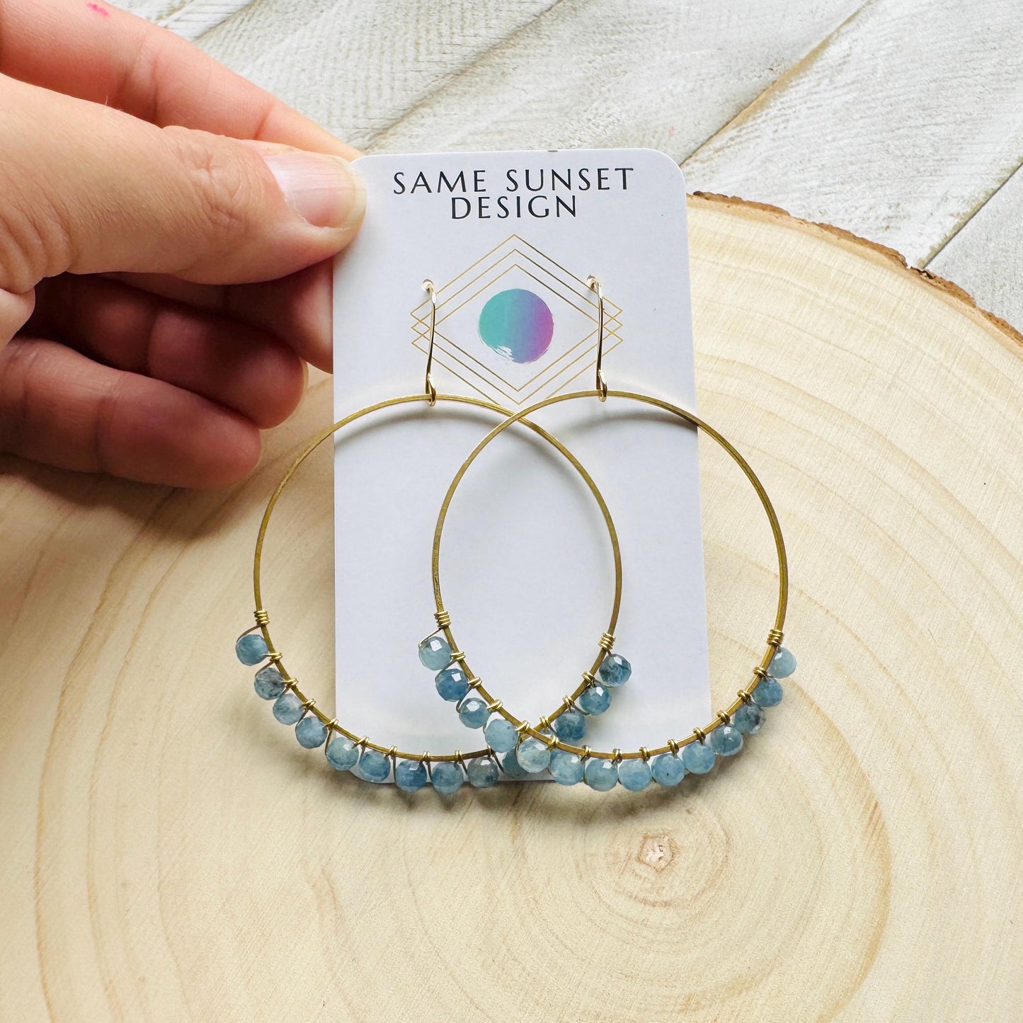 Aquamarine Hoop Earrings, Blue Earrings, Bridesmaid Jewelry, Birthday Gift for Daughter, Wire Wrapped Hoops, Unique Gifts for Birthday