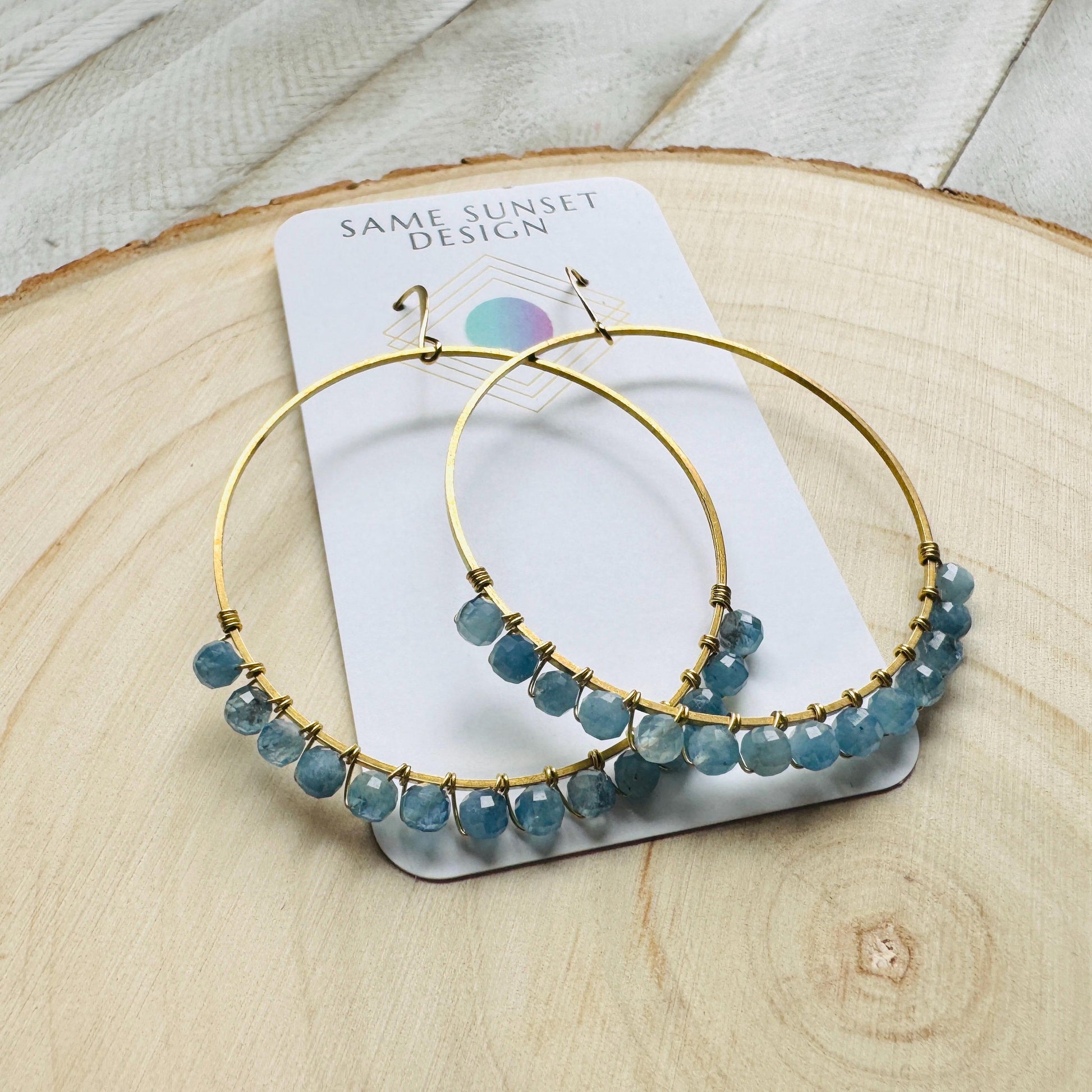 Aquamarine Hoop Earrings, Blue Earrings, Bridesmaid Jewelry, Birthday Gift for Daughter, Wire Wrapped Hoops, Unique Gifts for Birthday