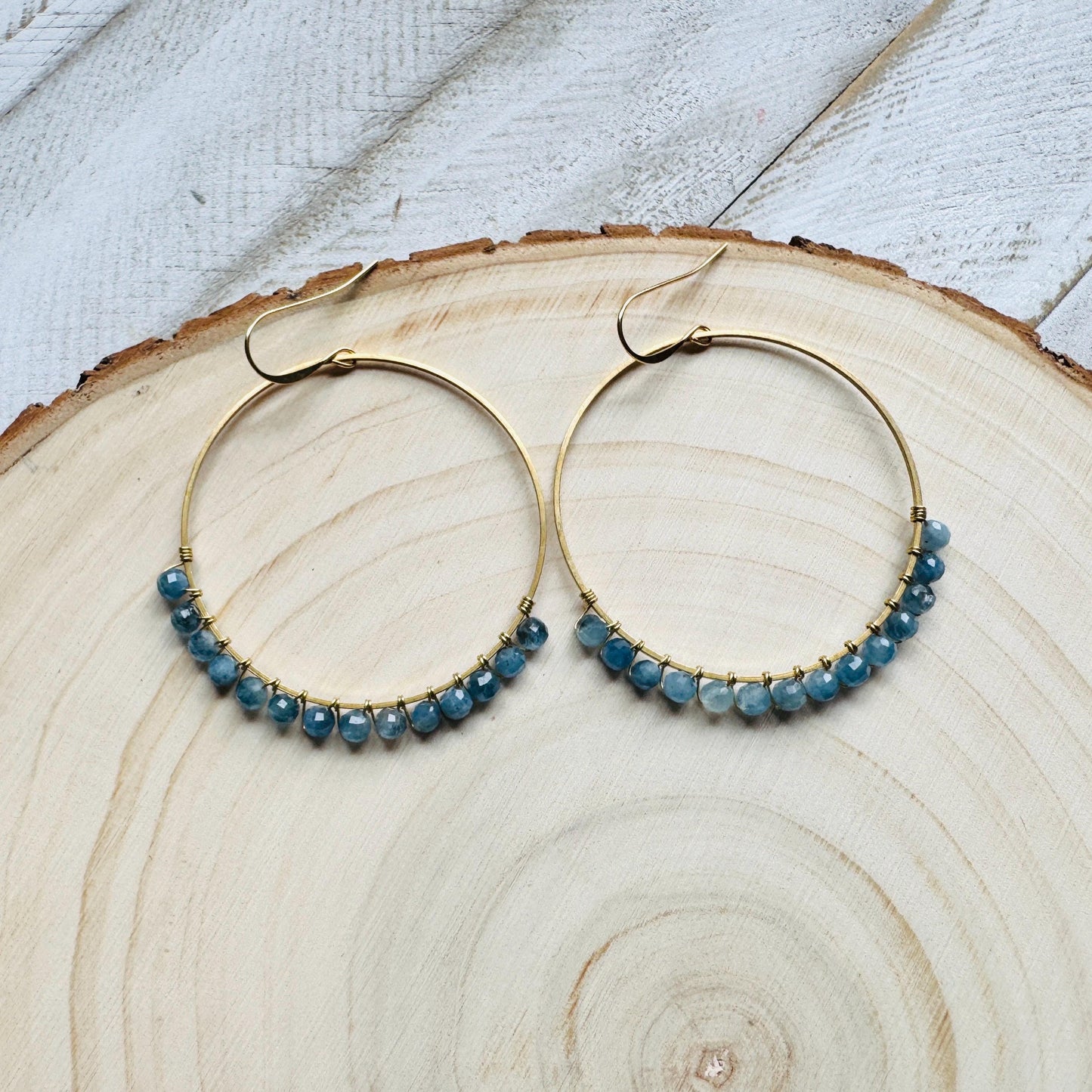 Aquamarine Hoop Earrings, Blue Earrings, Bridesmaid Jewelry, Birthday Gift for Daughter, Wire Wrapped Hoops, Unique Gifts for Birthday