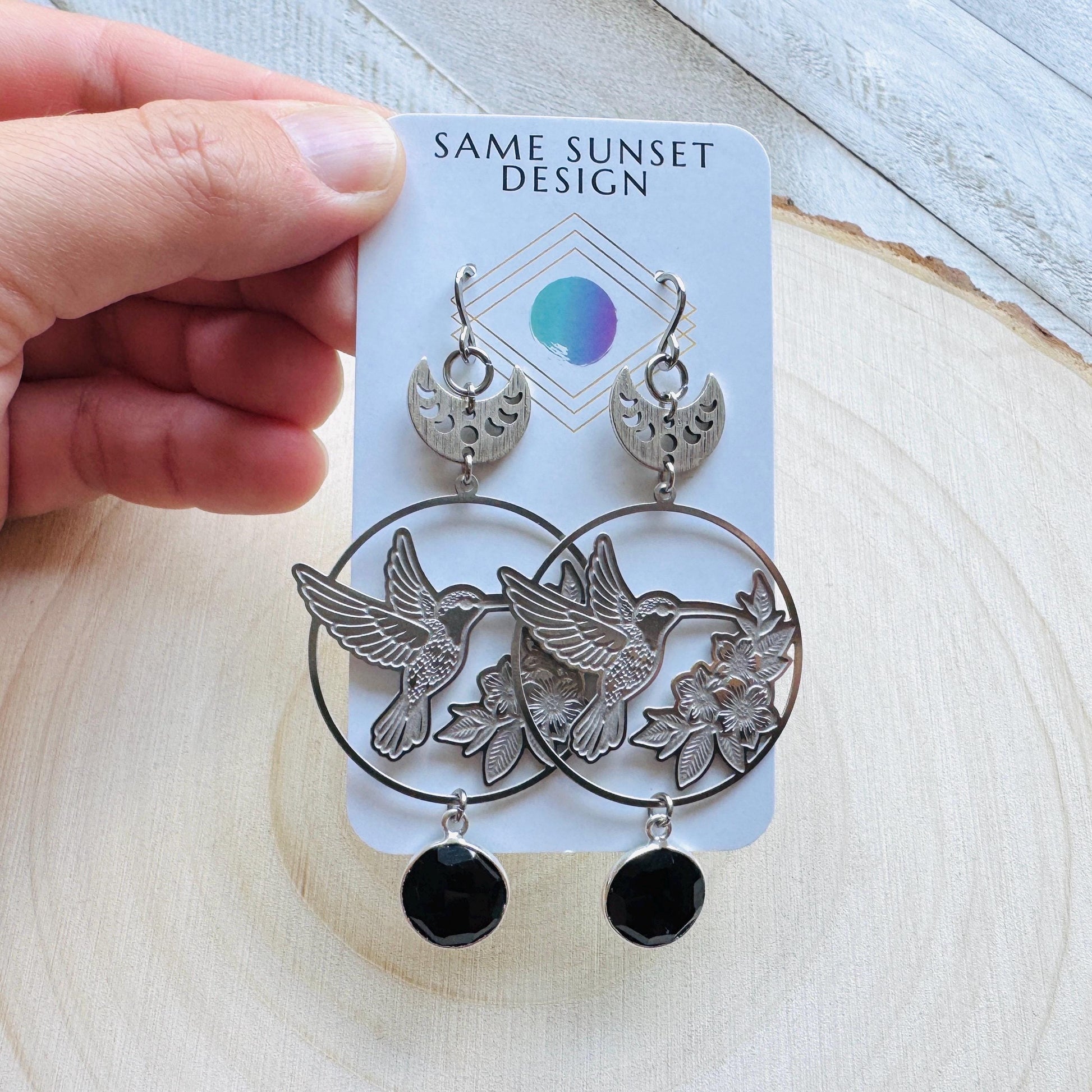 Hummingbird Earrings, Onyx Earrings, Bird Earrings, Modern Chic Jewelry, Unique Gifts for Birthday, Science Teacher Gift, Bridal Jewelry