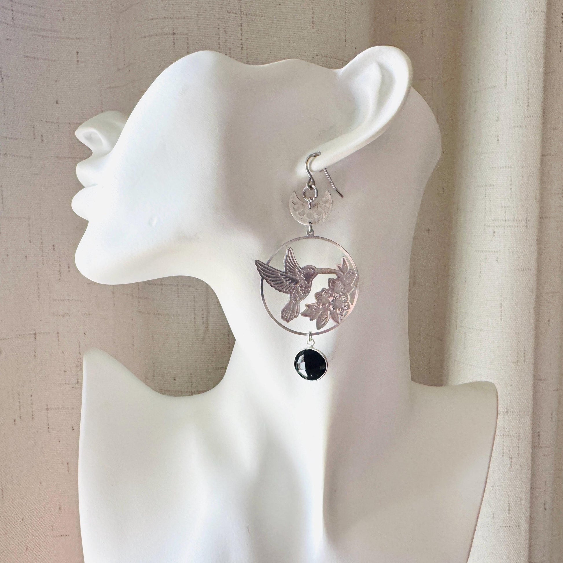 Hummingbird Earrings, Onyx Earrings, Bird Earrings, Modern Chic Jewelry, Unique Gifts for Birthday, Science Teacher Gift, Bridal Jewelry