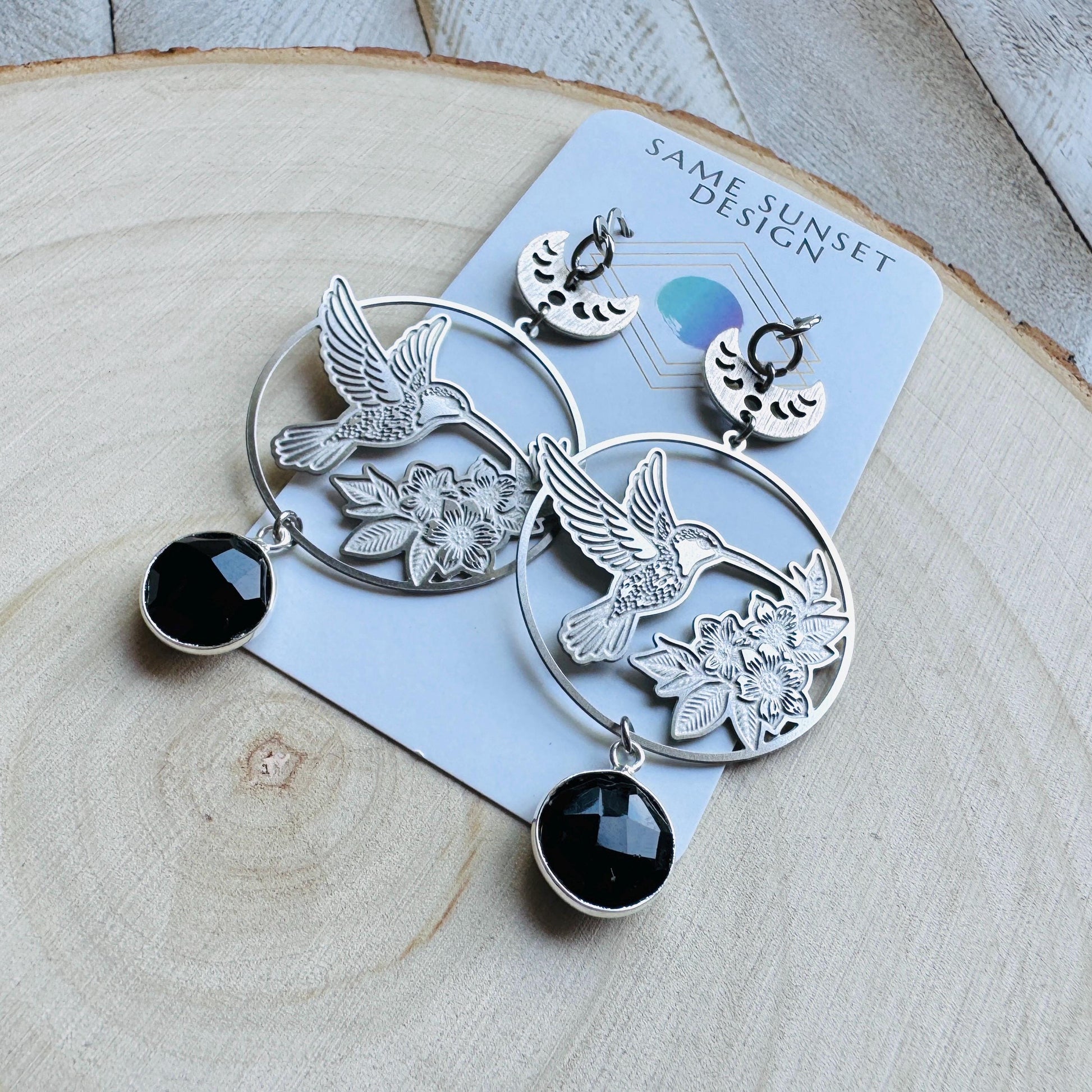 Hummingbird Earrings, Onyx Earrings, Bird Earrings, Modern Chic Jewelry, Unique Gifts for Birthday, Science Teacher Gift, Bridal Jewelry