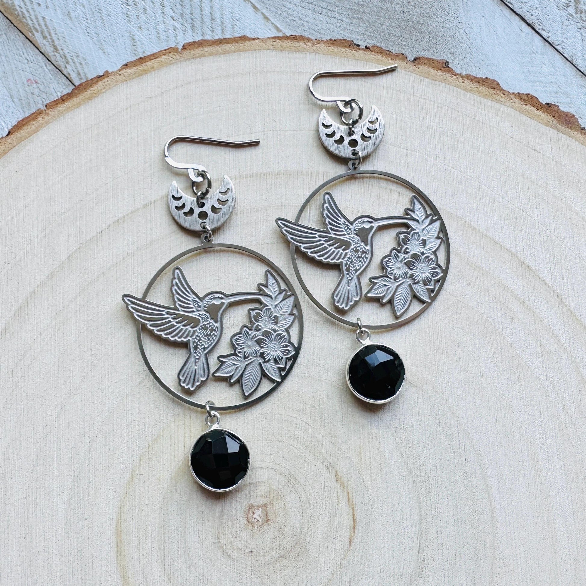 Hummingbird Earrings, Onyx Earrings, Bird Earrings, Modern Chic Jewelry, Unique Gifts for Birthday, Science Teacher Gift, Bridal Jewelry
