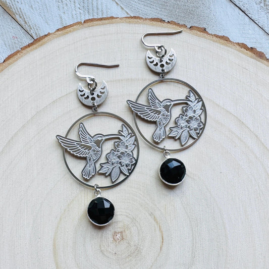 Hummingbird Earrings, Onyx Earrings, Bird Earrings, Modern Chic Jewelry, Unique Gifts for Birthday, Science Teacher Gift, Bridal Jewelry