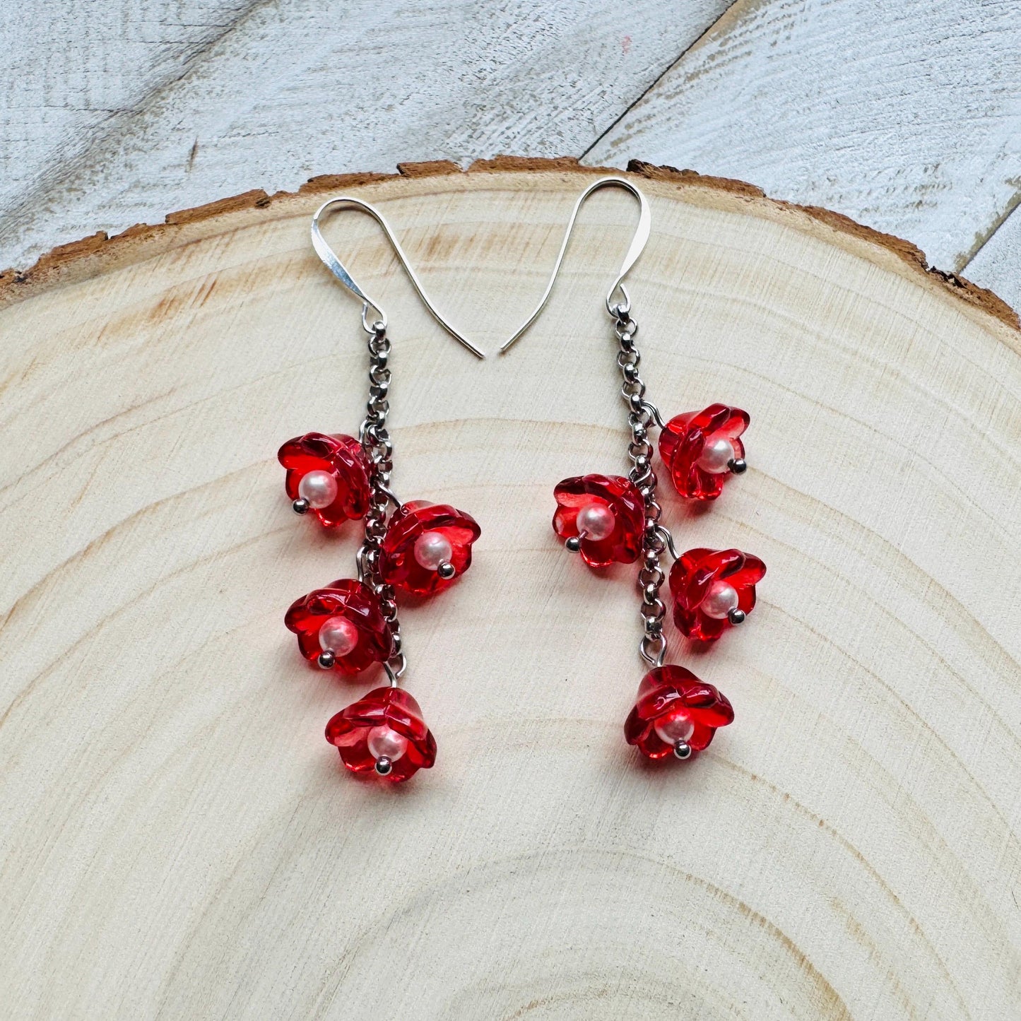 Flower Earrings, Red Flowers, Silver Earrings, Pearl Earrings Dangle, Cottagecore Jewelry, Gothic Earrings for Women, Plant Mom Gift