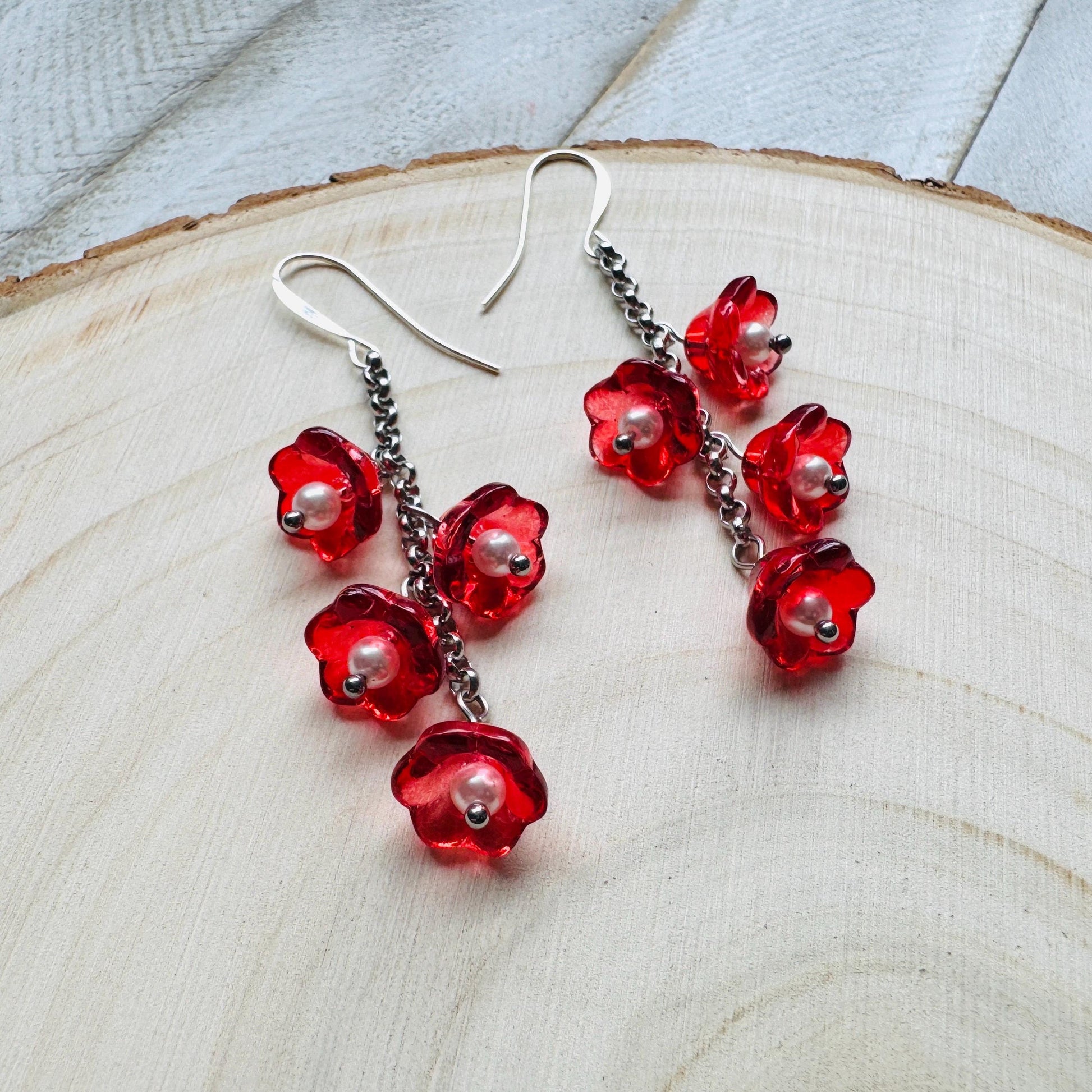 Flower Earrings, Red Flowers, Silver Earrings, Pearl Earrings Dangle, Cottagecore Jewelry, Gothic Earrings for Women, Plant Mom Gift