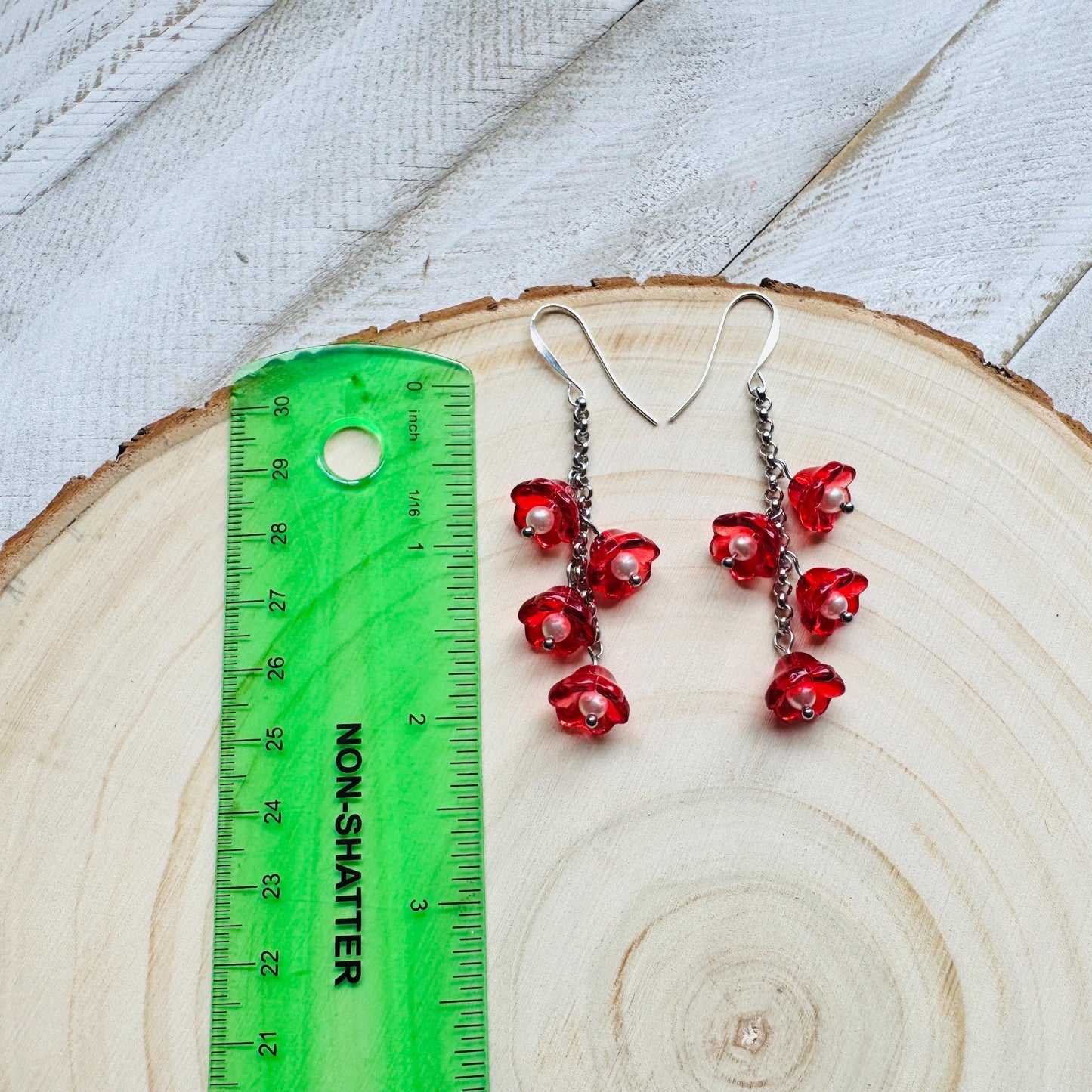 Flower Earrings, Red Flowers, Silver Earrings, Pearl Earrings Dangle, Cottagecore Jewelry, Gothic Earrings for Women, Plant Mom Gift