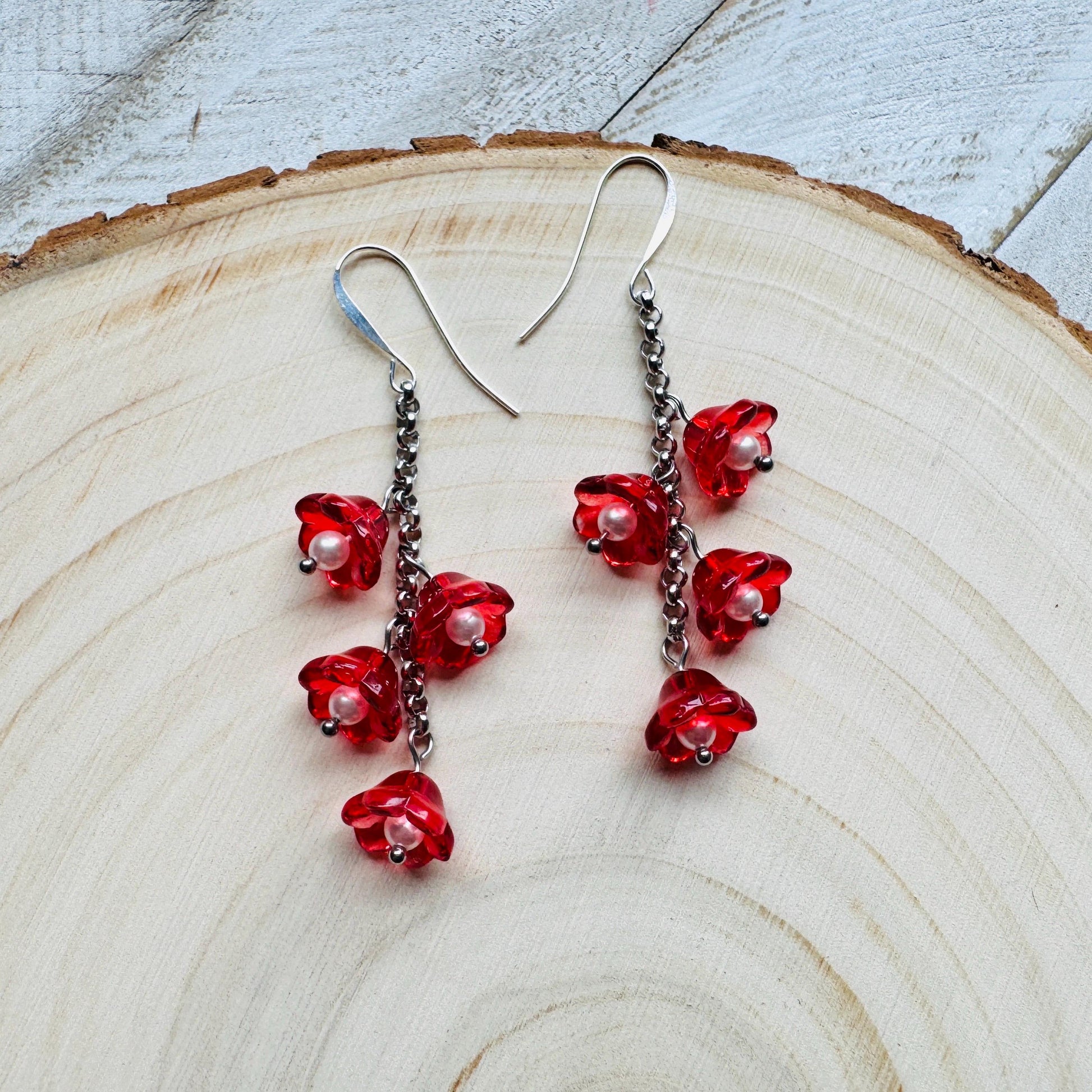 Flower Earrings, Red Flowers, Silver Earrings, Pearl Earrings Dangle, Cottagecore Jewelry, Gothic Earrings for Women, Plant Mom Gift