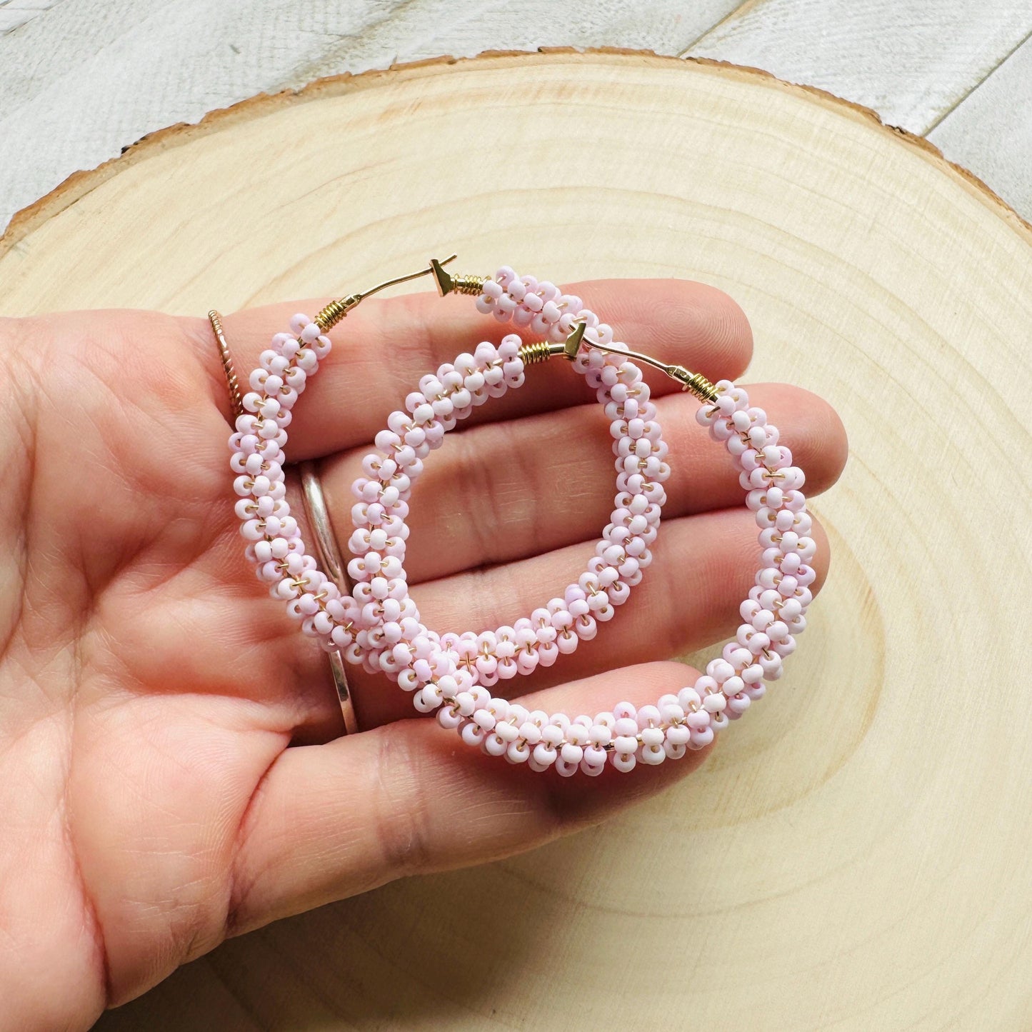 Seed Bead Hoop Earrings, Pink Hoop Earrings, Boho Earrings, Vacation Jewelry, Modern Chic Jewelry, Anniversary Gift for Girlfriend