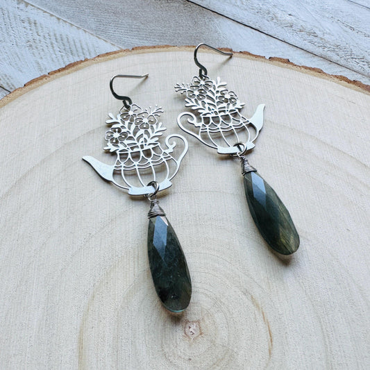 Labradorite Earrings Dangle, Tea Kettle Earrings, Unique Gifts for Women, Birthday Gift Ideas, Birthday Gift for Girlfriend, Boho Chic