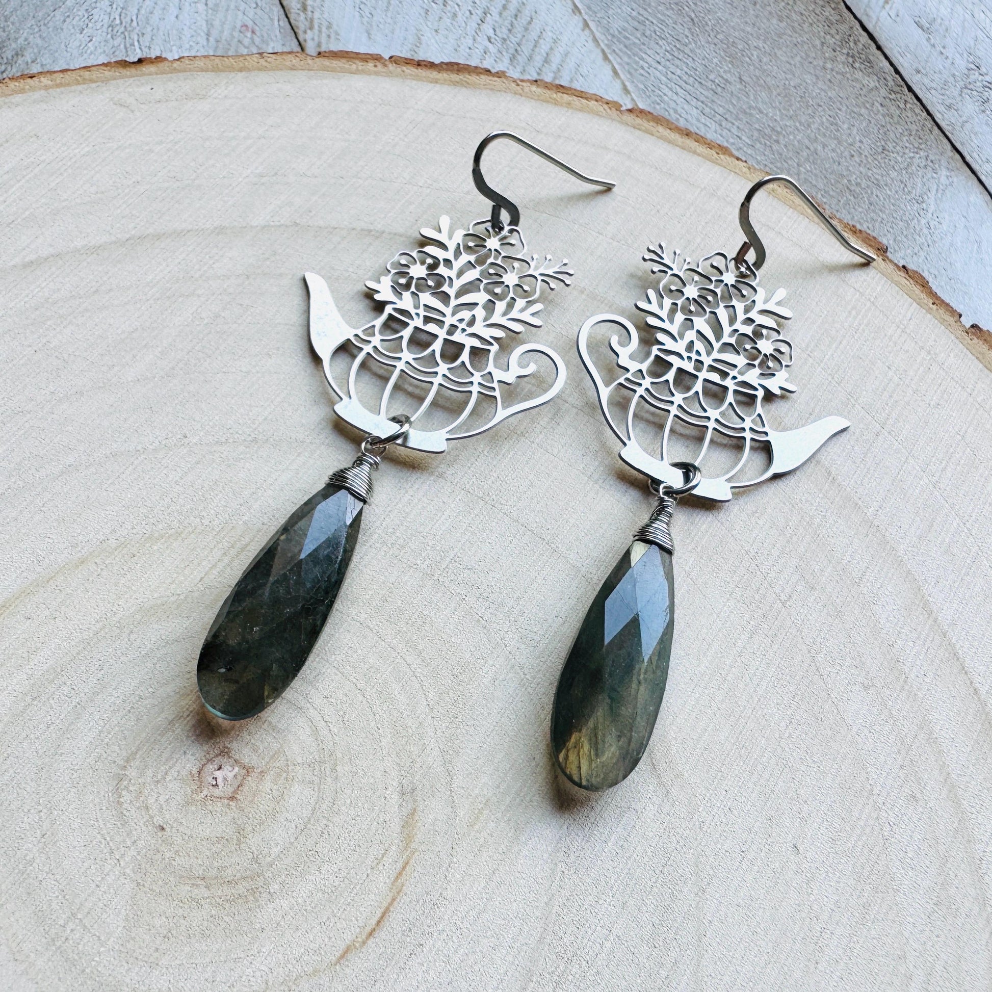 Labradorite Earrings Dangle, Tea Kettle Earrings, Unique Gifts for Women, Birthday Gift Ideas, Birthday Gift for Girlfriend, Boho Chic
